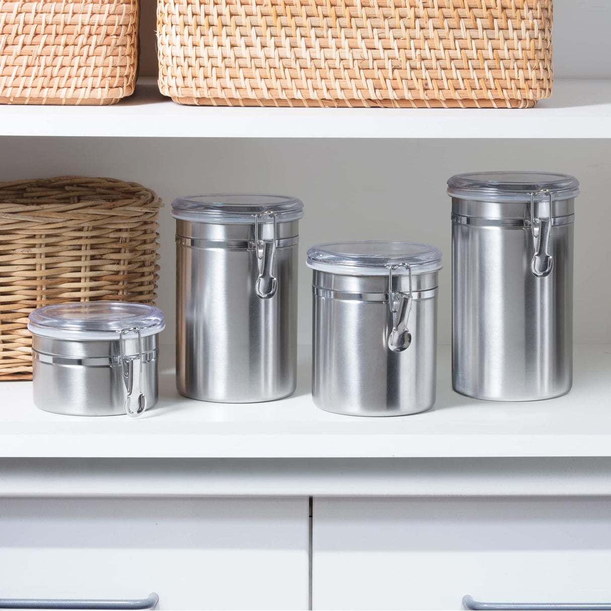 Oggi Set of 4 Stainless Steel Kitchen Canisters - Airtight Clamp Lid, Clear See-Thru Top - Ideal for Kitchen Storage, Food Storage, Pantry Storage - Includes 1 each: 26oz, 36oz, 47oz, 62oz. Oggi