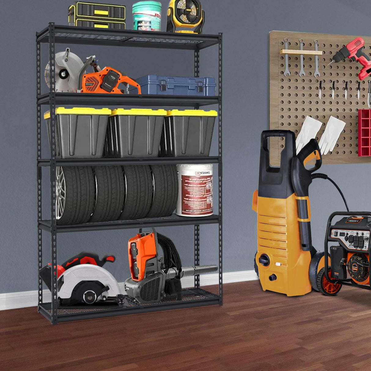 FinerFurnis Heavy Duty 5-Tier Garage Shelving Unit 2500 Lbs Capacity Adjustable Metal Storage Shelves Industrial Utility Rack 48x18x72 Inch Durable and Storage Solution for Garage and Workshop FinerFurnis