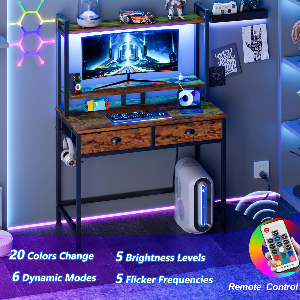 Furologee Small Computer Desk with Power Outlet and 2 Fabric Drawers, Gaming Desk with Light, Home Office Desk with Monitor Stand and Hutch for Small Space Working, Study Table with Shelf Rustic Brown Furologee