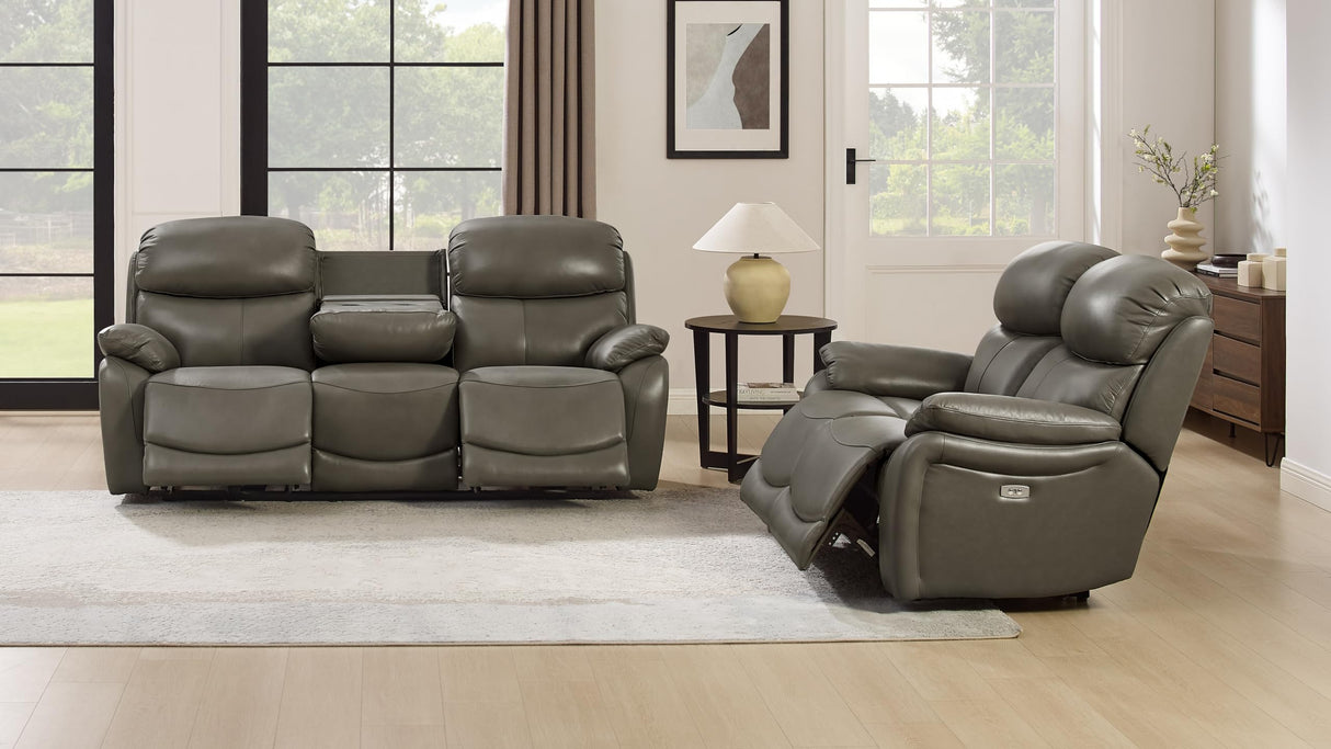THSUPER Power Genuine Leather Recliner Sofa Couch with USB Port, Reclining Sofas Living Room Furniture, 3-Seats Couches with Cup Holders, Grey THSUPER