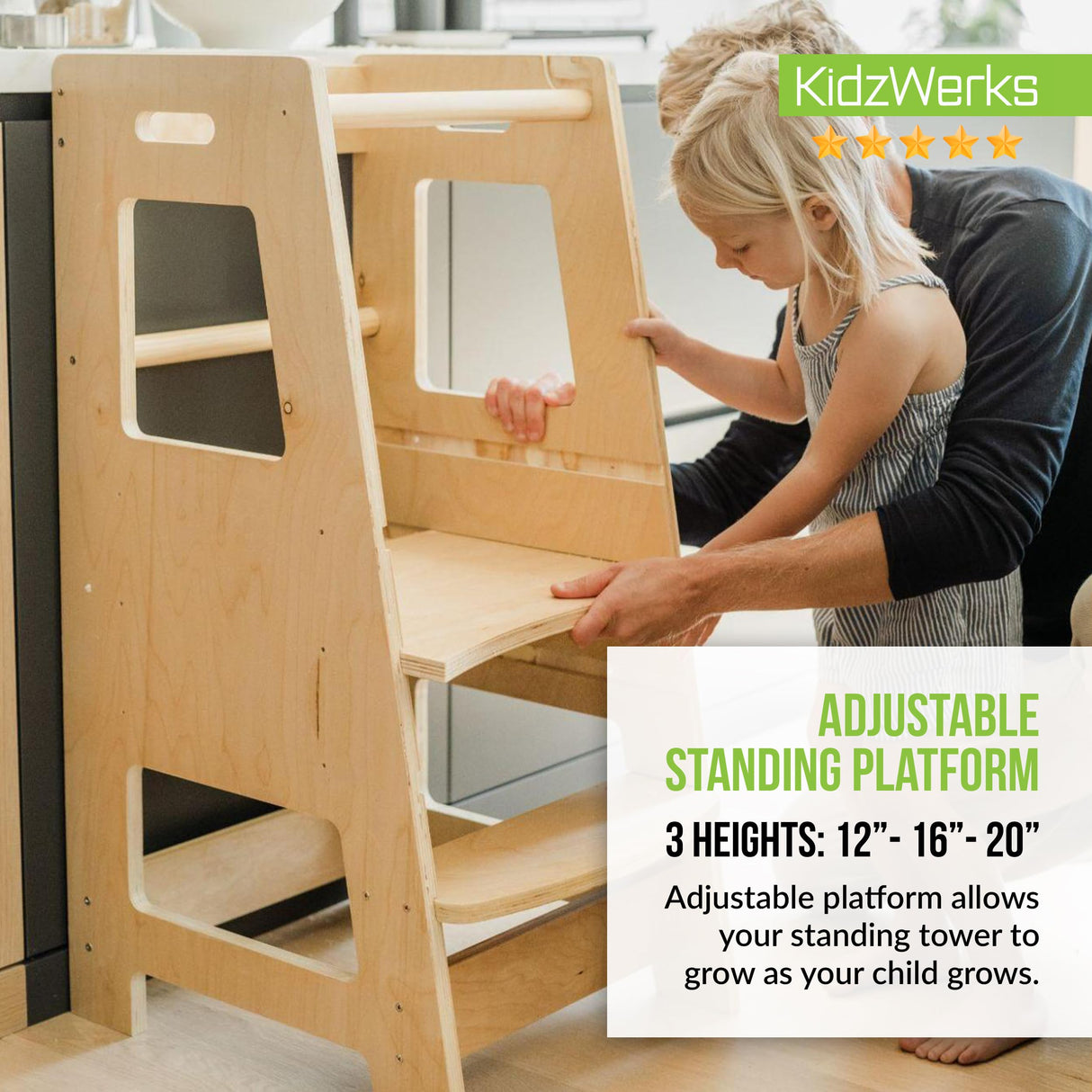 KidzWerks Child Standing Tower Kids Kitchen Step Stool Toddler Wood Stepping Stool - Children's Montessori Stool - Adjustable Platform, Natural Wood KidzWerks