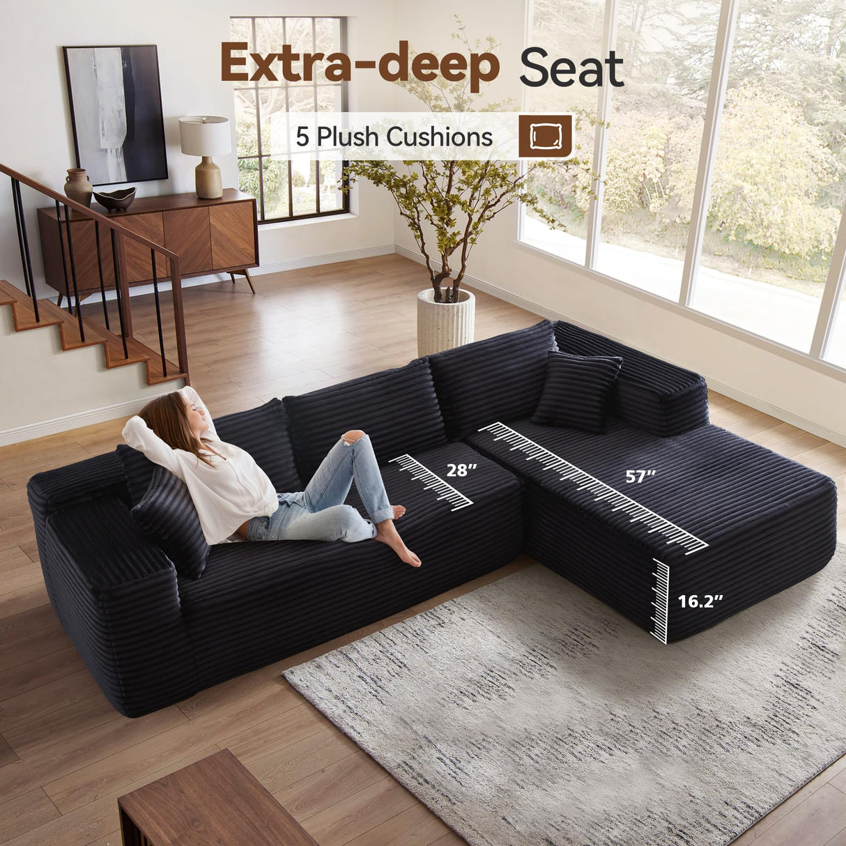 CAODOC 104" Cloud Sectional Couch with Comfy Chaise, Boneless L Shape Sofa with Deep Seat, Minimalist Modular Couches Sleeper for Living Room Bedroom Apartment Lounge,Black CAODOC