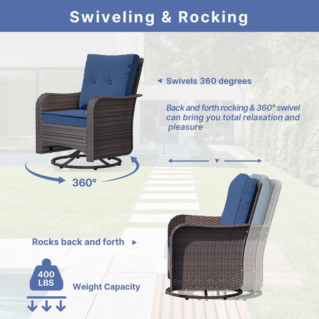 ALAULM 11 Pieces Patio Furniture Set with 2 Swivel Chairs Patio Furniture Outdoor Sectional Sofas with 55000 Gas Fire Pit Patio Conversation Set w/8 Cushions-Dark Blue ALAULM