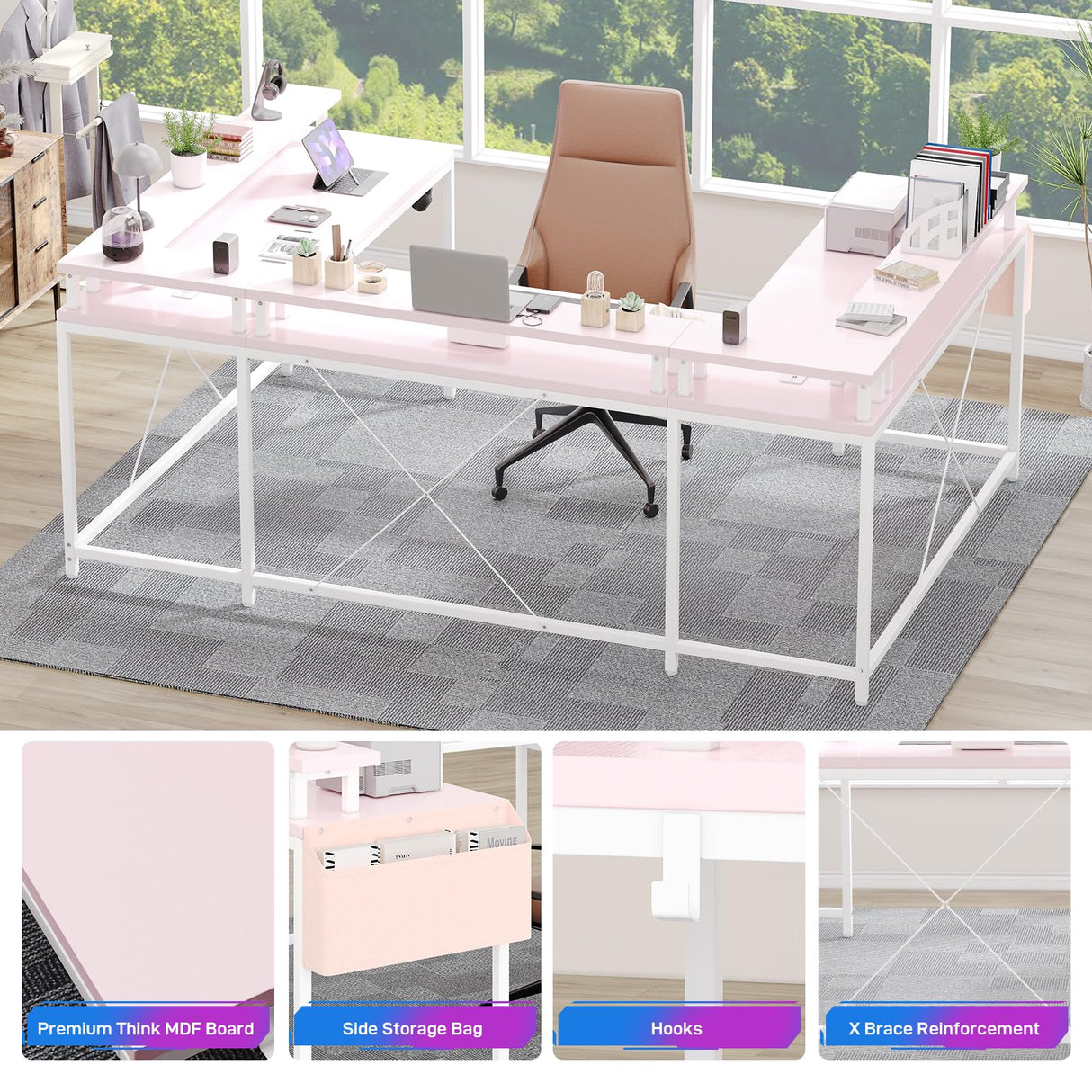 TrailBlaze U-Shaped Computer Gaming Desk, Pink, with Power Outlets, LED Strip & Monitor Stand, Office Desk with Storage Shelves & Bag, Reversible L-Shaped Design TrailBlaze