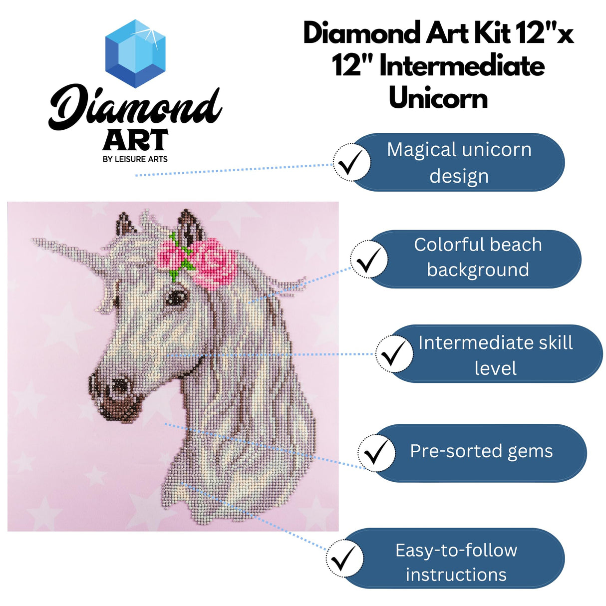 DIAMOND ART BY LEISURE ARTS Unicorn, 12"X12", Intermediate Diamond Painting Kits for Adults, Art for Adults, Kit, Painting DIAMOND ART BY LEISURE ARTS