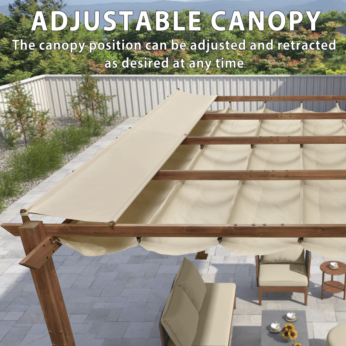 PURPLE LEAF 10' x 13' Outdoor Retractable Pergola with Sun Shade Canopy Patio Metal Shelter for Garden Porch Beach Pavilion Natural Wood Grain Frame Gazebo Modern Yard Grill Pergola PURPLE LEAF