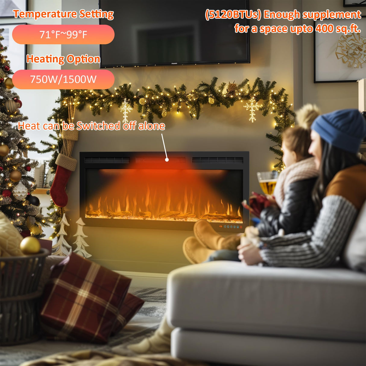 50 inches Electric Fireplace, Recessed and Wall Mounted Fireplace Heater and Linear Fireplace Inserts, with Timer, Remote Control, Adjustable Flame & Light Colors, 750W/1500W, Black Dreamflame