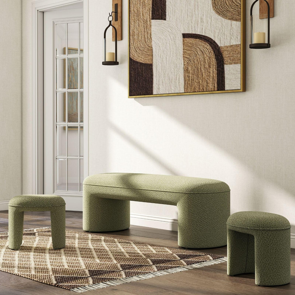 ChicAura 3-Piece Nesting Ottoman Bench Set,53" Long Upholstered End of Bed Bench with 2 15" Foot Stools Chenille Modern Arched Bench Comfy Entry Bench Vanity Stools for Living Room Bedroom, Green ChicAura