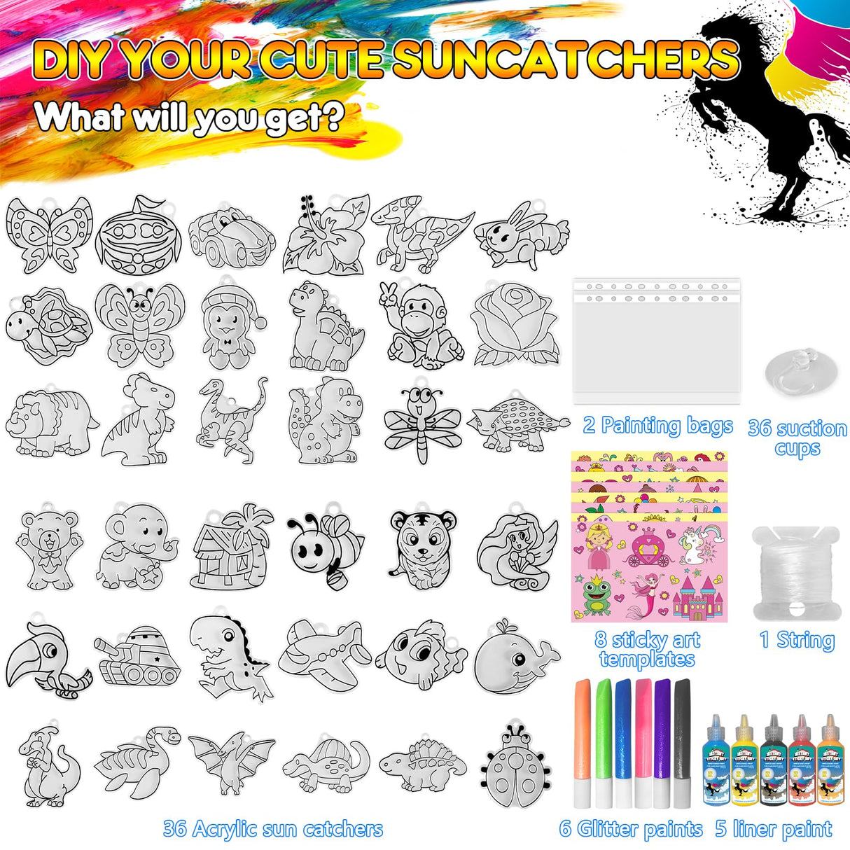 Window Paint Art, 36 Suncatchers Double Craft Kit for Kids – Children’s Make Your Own Fun Suncatcher Set Suction Cups DIY Car & Mirror Arts Crafts Children CAPKIT