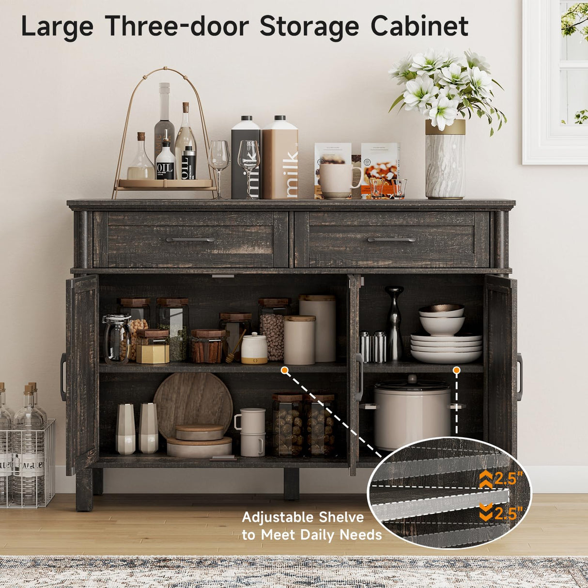 48 Inches Buffet Cabinet with Storage, Farmhouse Sideboard Buffet w/2 Drawers and 3 Doors, Wood Coffee Bar Cabinet with Adjustable Shelves, Sideboard Storage for Kitchen, Living Room, Rustic Brown ONBRILL