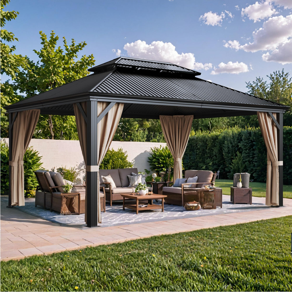 Devoko Outdoor Hardtop Gazebo Galvanized Steel Metal Gazebo Aluminum Frame Double Roof Outdoor Gazebo with Nettings and Curtains for Patios, Garden (12' x16' FT) Devoko