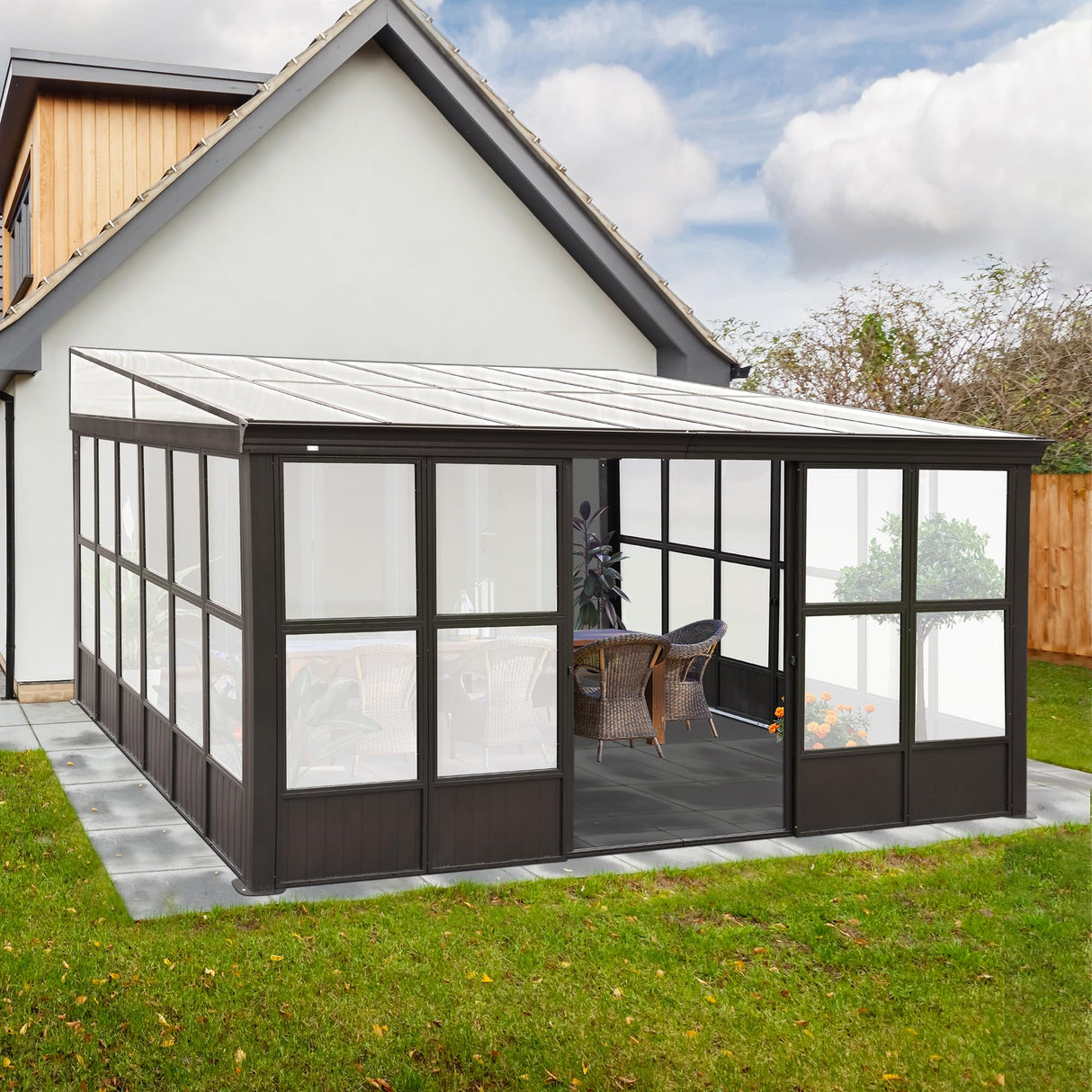 Domi Lean-to Sunroom 12x14FT, Wall Mounted Solarium with Sloping Polycarbonate Roof, Detachable Polycarbonate Screens, 2 Lockable Sliding Doors, Aluminum Gazebo Against Wall Sun Room for Patio Deck domi outdoor living