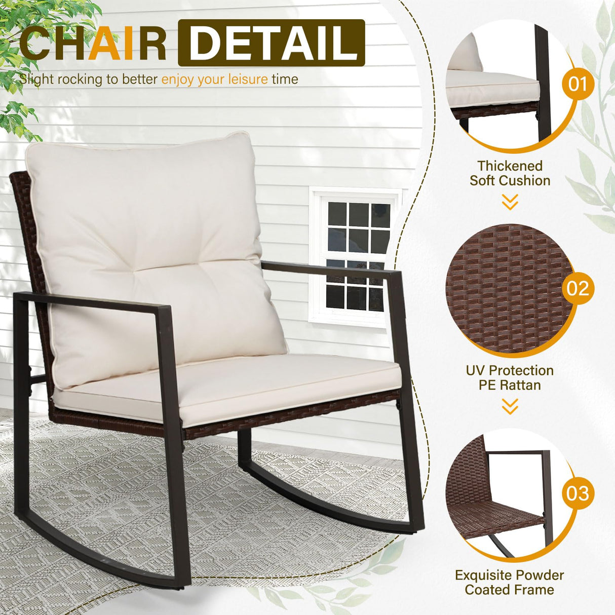 SUNCROWN 3-Piece Patio Bistro Set Outdoor Rocking Chairs Set Brown Wicker Porch Chairs with Glass Coffee Table, Beige Cushion SUNCROWN