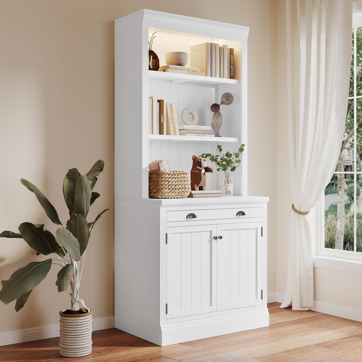 LUMISOL 84” Modern Ivory White Pantry Sideboard with LED Lights, 2 Doors, and 1 Drawer LUMISOL