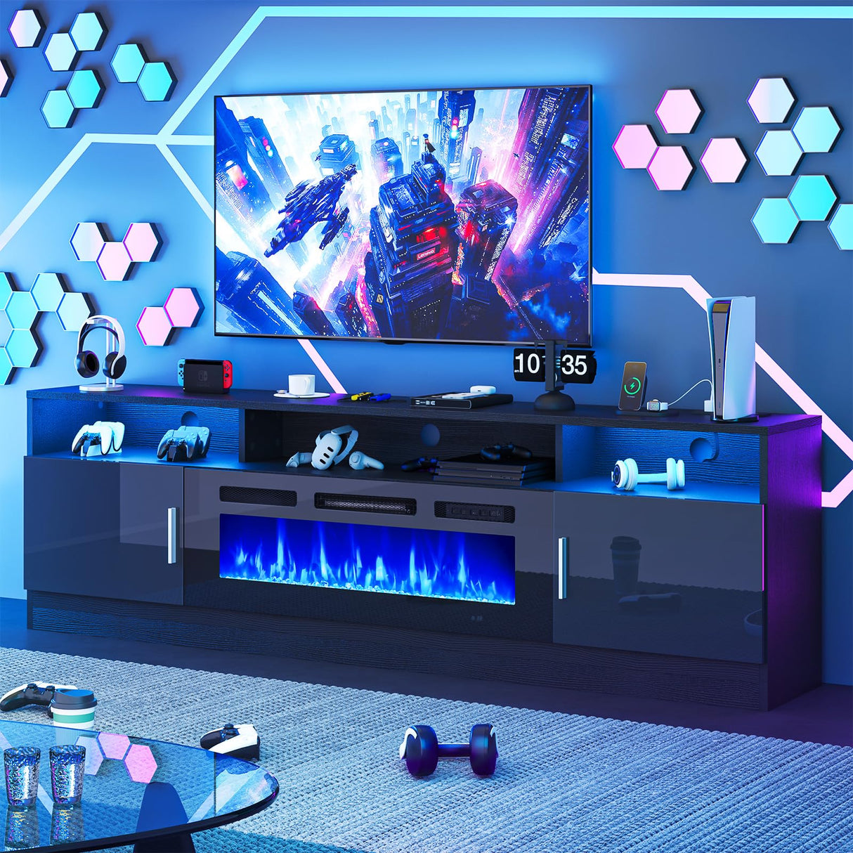 oneinmil 70" Fireplace TV Stand with Power Outlet for TVs Up to 80", Electric Fireplace Entertainment Center with LED Lights & Storage Cabinets, Media Console Table for Living Room, Black oneinmil