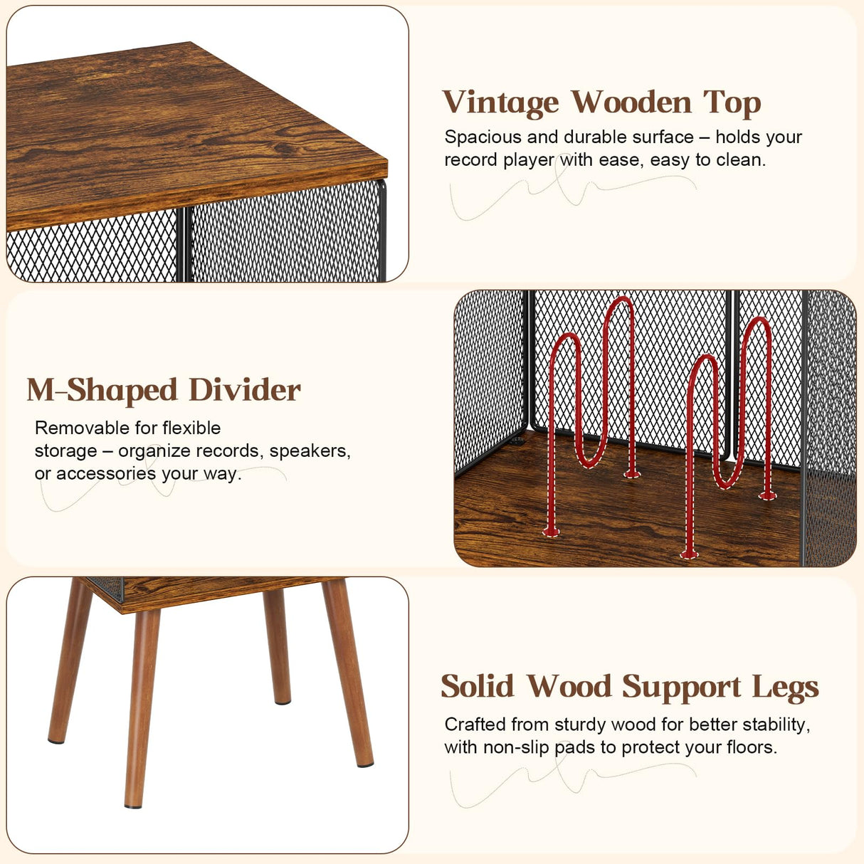 Yuzehuaza Record Player Stand with Storage up to 100 Albums,Small Vinyl Record Holder with Adjustable Divider, Retro Record Player Table with Wood Legs,Book/LP Record Shelf for Living Room Bedroom Yuzehuaza