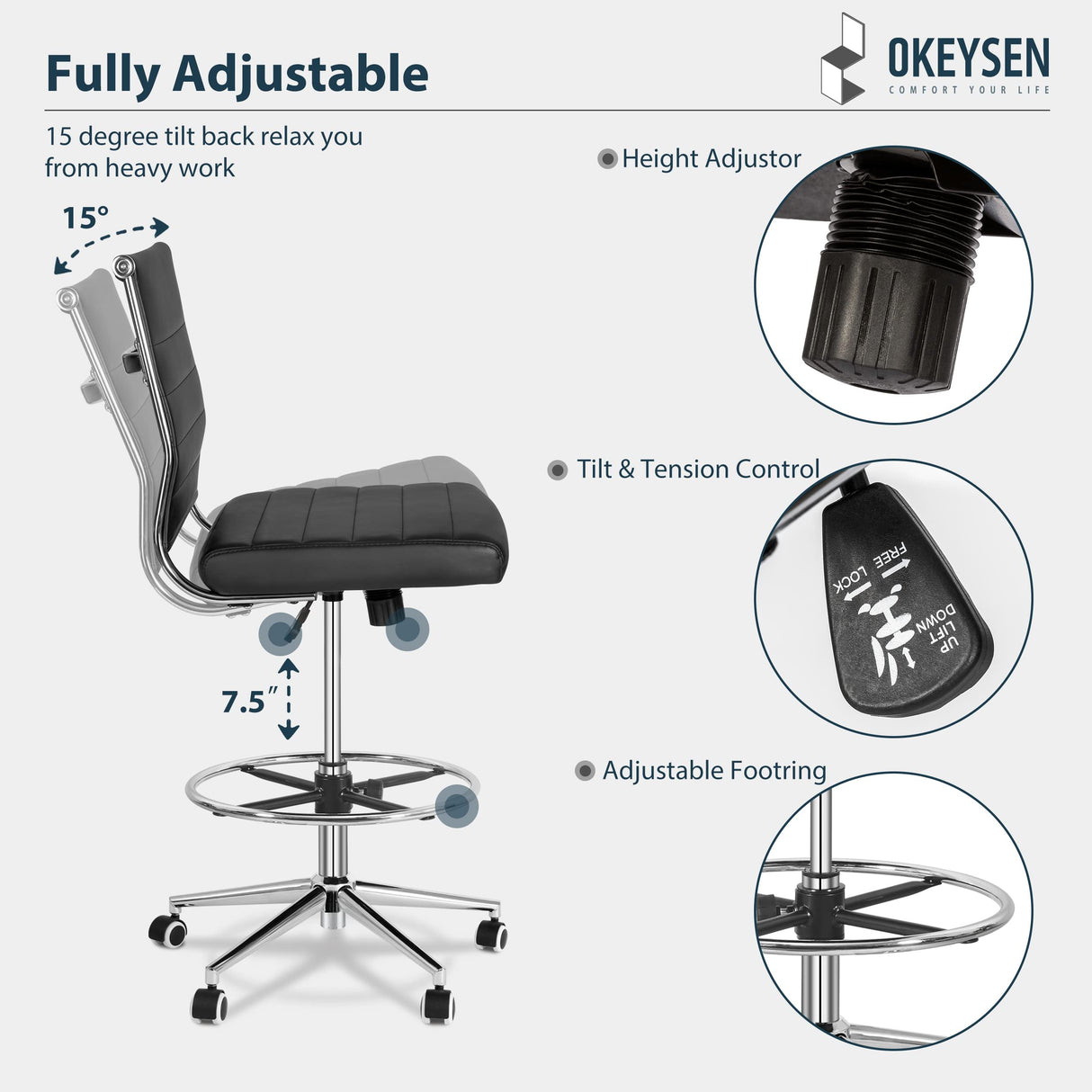 Okeysen Drafting Chair Armless Desk Stool, 400 LBS Ergonomic Leather Tall Office Chair with Adjustable Foot Ring, Modern Standing Desk Chair with Ribbed Mid Back, Swivel Rolling Drafting Stool. Lepdep