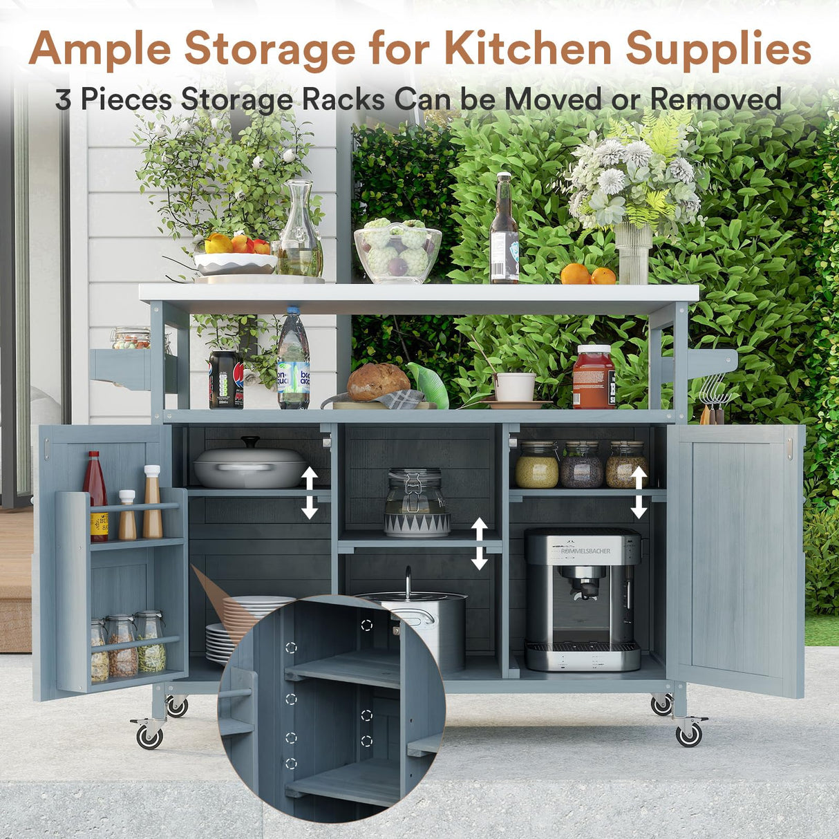 Zevemomo Outdoor Grill Cart, Stainless Steel Tabletop Outdoor Kitchen Island, Solid Wood Outdoor Buffet Cabinet with Lockable Wheels for Grilling, Gray-Blue Zevemomo