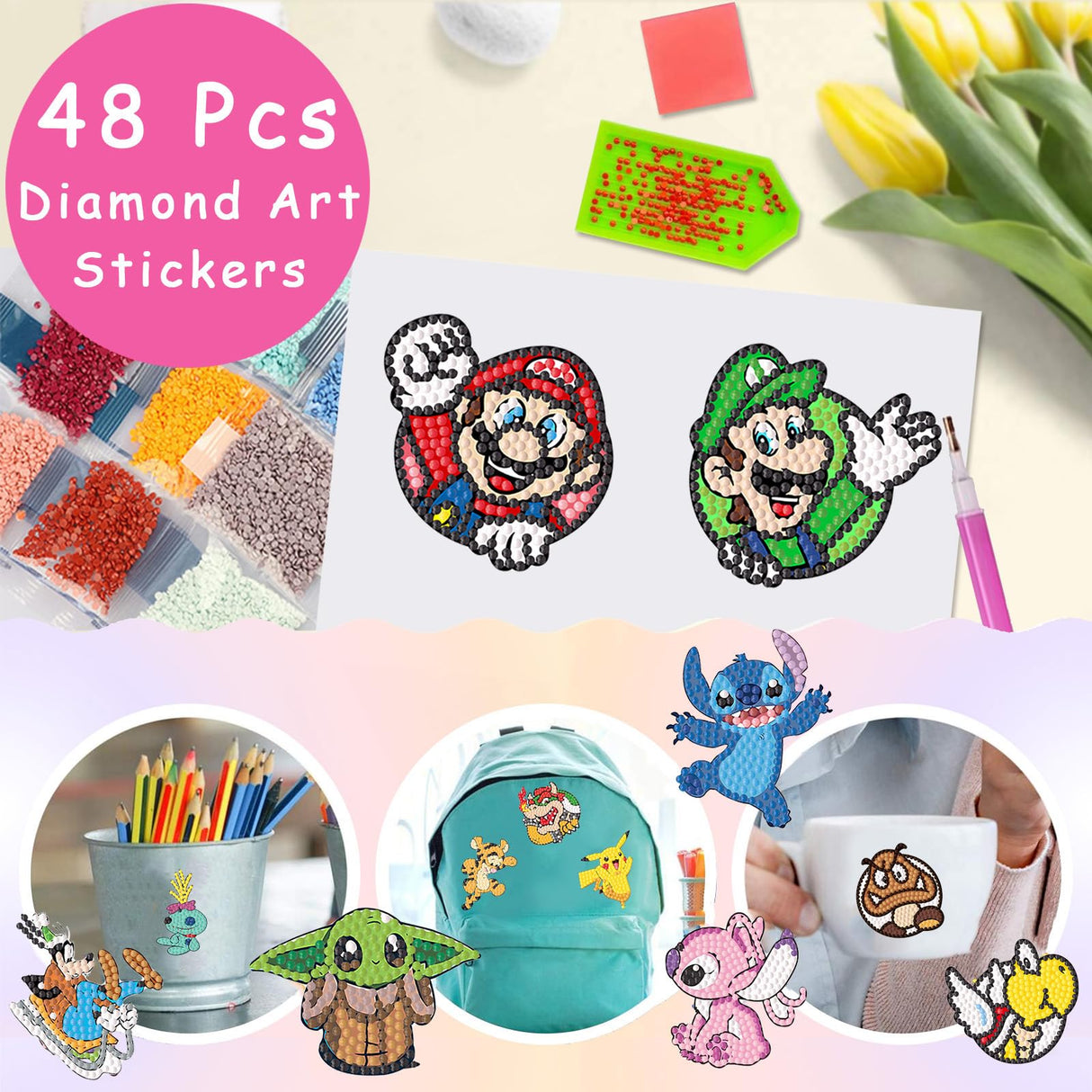 KOJEFCV 48 Pcs Cartoon Diamond Art Painting Sticker Kits for Kids-Cartoon Diamond Gem Stickers Kit,5D Gem Art Stickers Mosaic for Kids Gift for Boys Girls 4-8-10-12 Years Old KOJEFCV