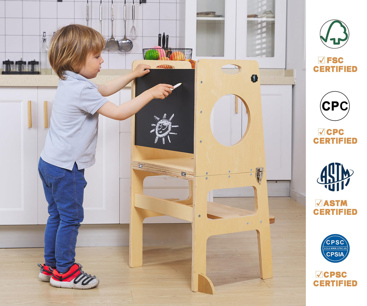 Foldable 4-in-1 Study Tower with Chalkboard for Learning, Montessori Kitchen Step Stool Toddlers Folding Stool for Kids 1-6years Ideal Helper FANABAS