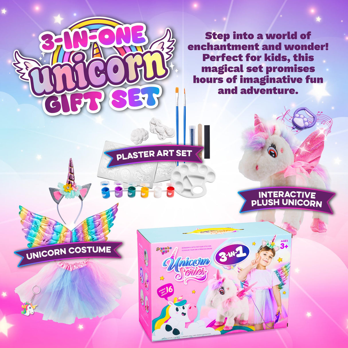 Greenbo Unicorns Toys for Girls Age 4-6 - Includes Multifunctional Unicorn Gifts, Painting Kit Crafts for Kids, and Unicorn Dress - Fun and Engaging Birthday Gifts for Girls Ages 3, 4, 5, 6, and Up Greenbo