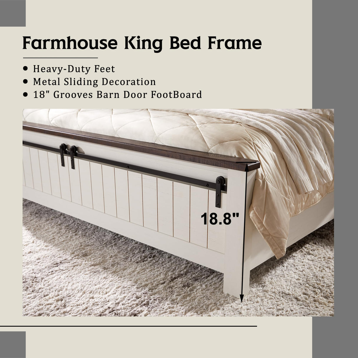 Farmhouse King Size Bed Frame with Sliding Barn Door Footboard and 47" Headboard in White IFGET