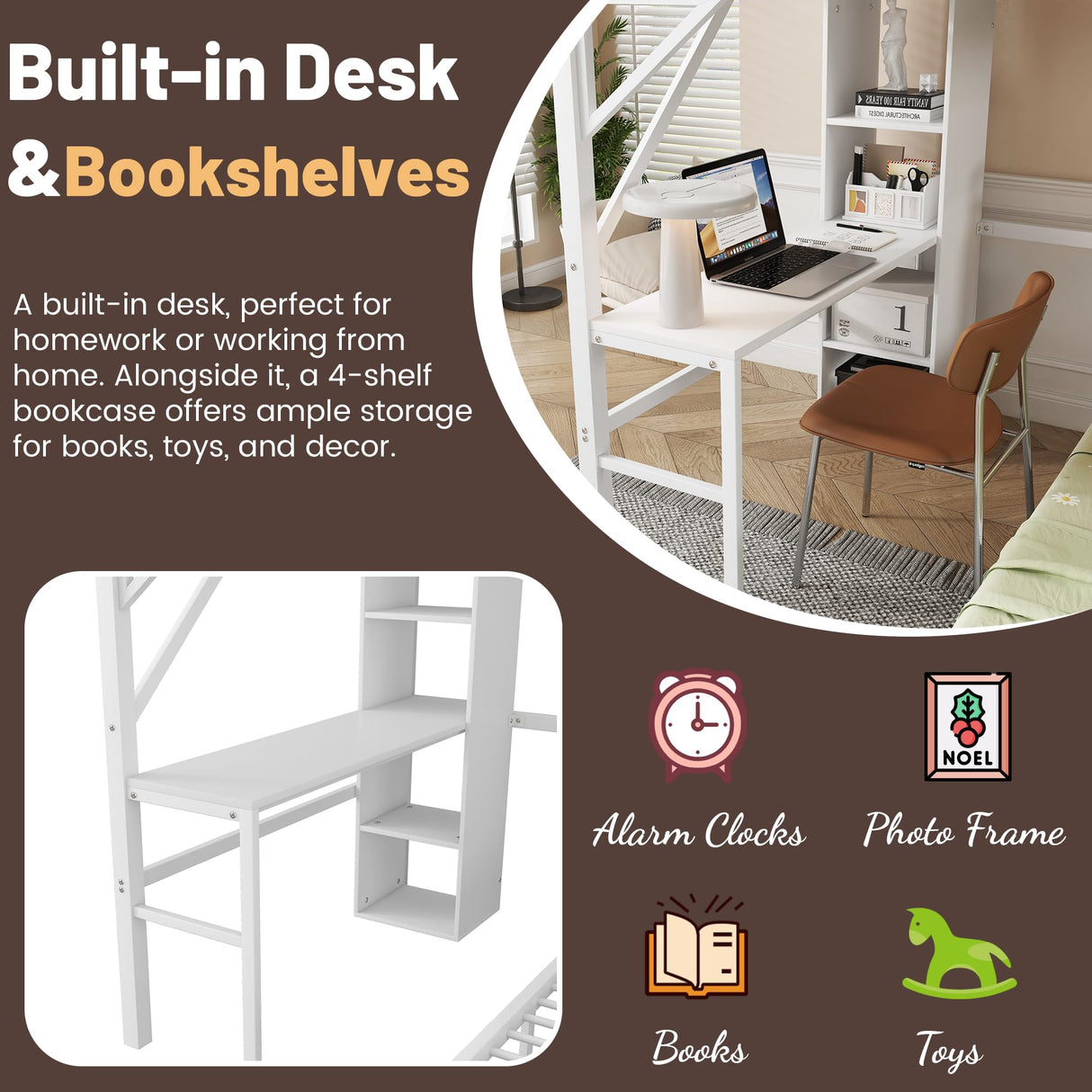 MoproBeti Bunk Bed with Desk,Upper Shelf & Storage Bookshelves,Metal L-Shaped Full Over Twin Bunk Beds with LED & Charge Station,Full Loft Bed w/Ladder,Safety Guardrail for Boys Girls,White MoproBeti