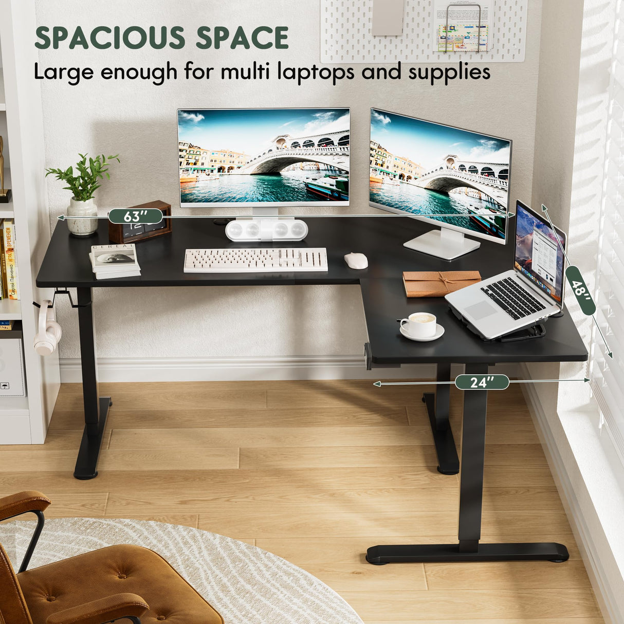 Furmax L Shaped Standing Desk Adjustable 63 x 48 Inch Corner Stand up Desk Electric Standing Computer Workstation with Preset Heights (Black) Furmax