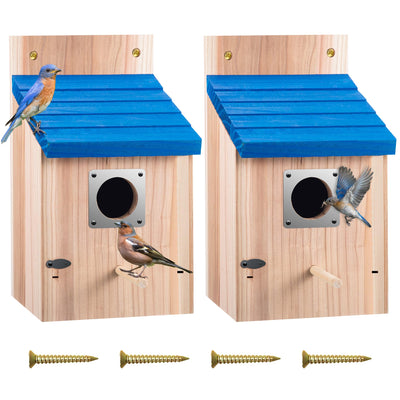 Dreyoo 2 Pack Cedar Bluebird Box Houses for Outside, 1-1/2'' Entrance Hole Wooden Bird Houses with Metal Guard, Secure Latch, Fledgling Grooves, Air Vents for Bluebird Wren Swallow