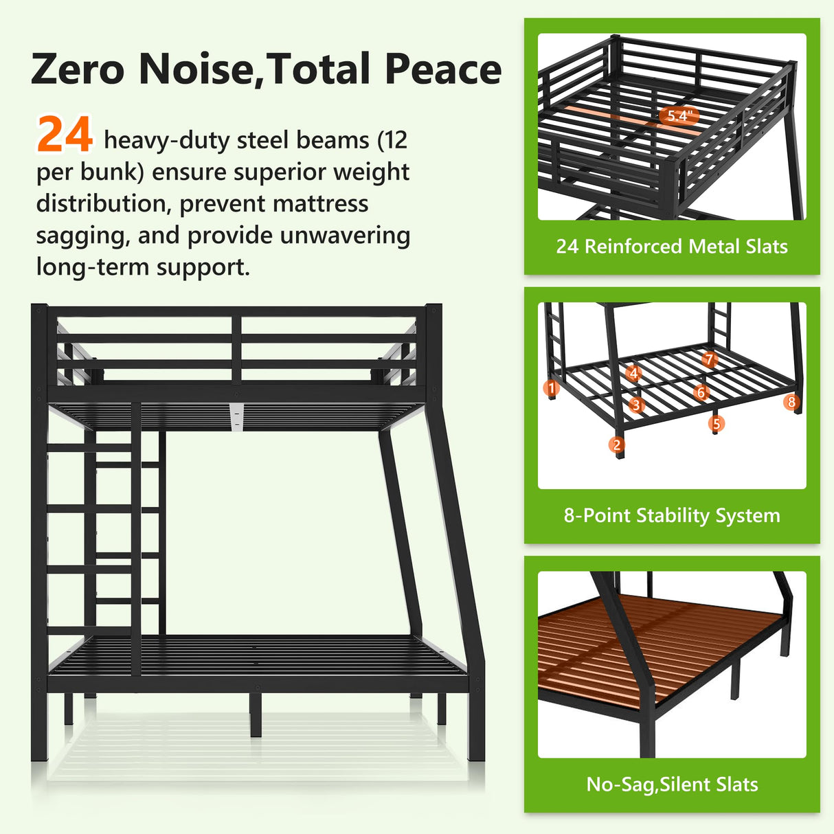 MJQFVM Full XL Over Queen Bunk Bed with 2 Ladders for Adults, Heavy Duty Metal Frame & Full Guardrails, Reinforced No-Sag Metal Slats, Space Saving for Guest Room, Dorm, Kids Bedroom, Black MJQFVM