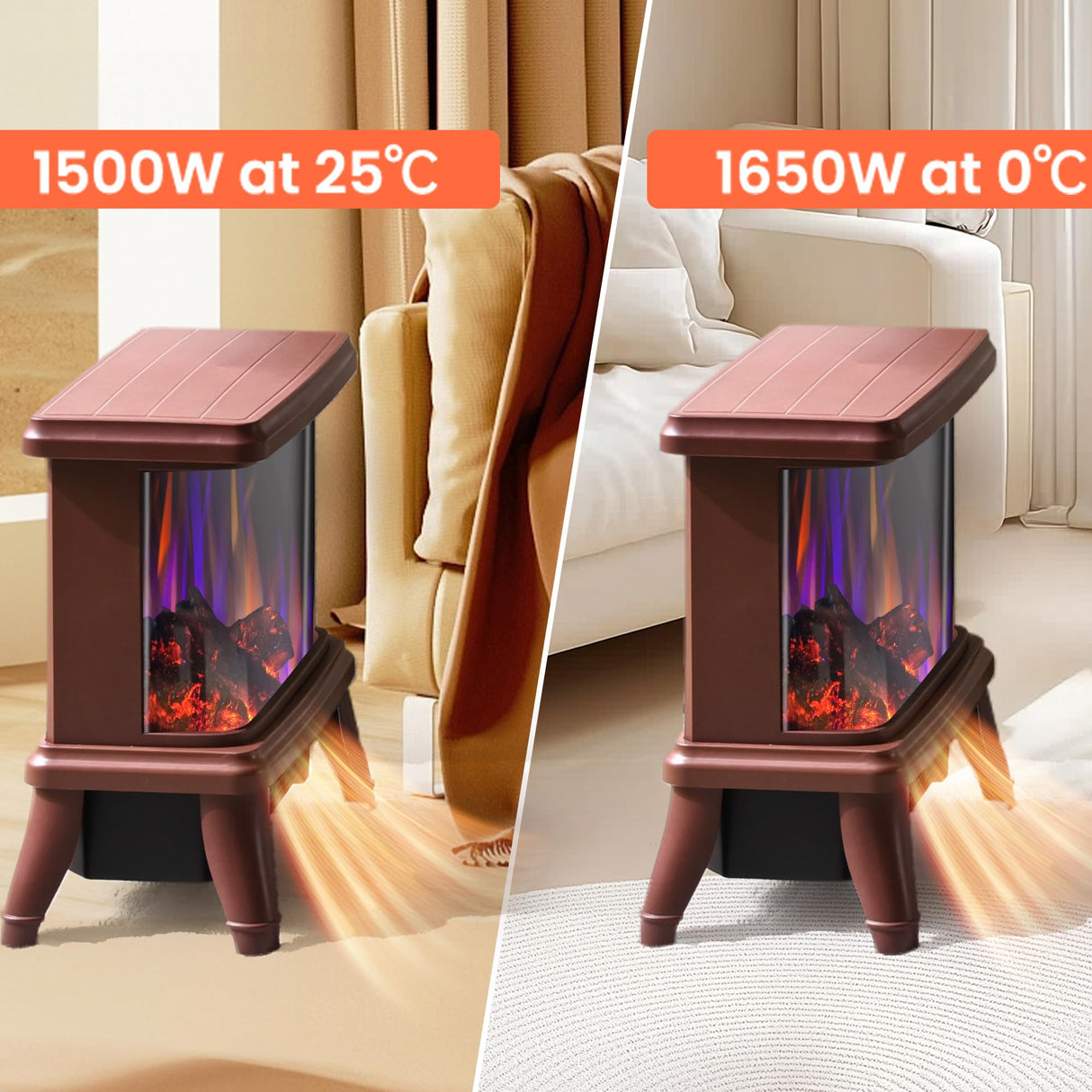 18“ Panoramic Window 1500W/1650W Electric Wood Stove Fireplace with Flame Effect, 4 in 1 Freestanding Indoor Space Heater. 3S of Rapid Heat. Fully Curved 3D Panoramic Flame Effect,Red Brown SheerAIRE
