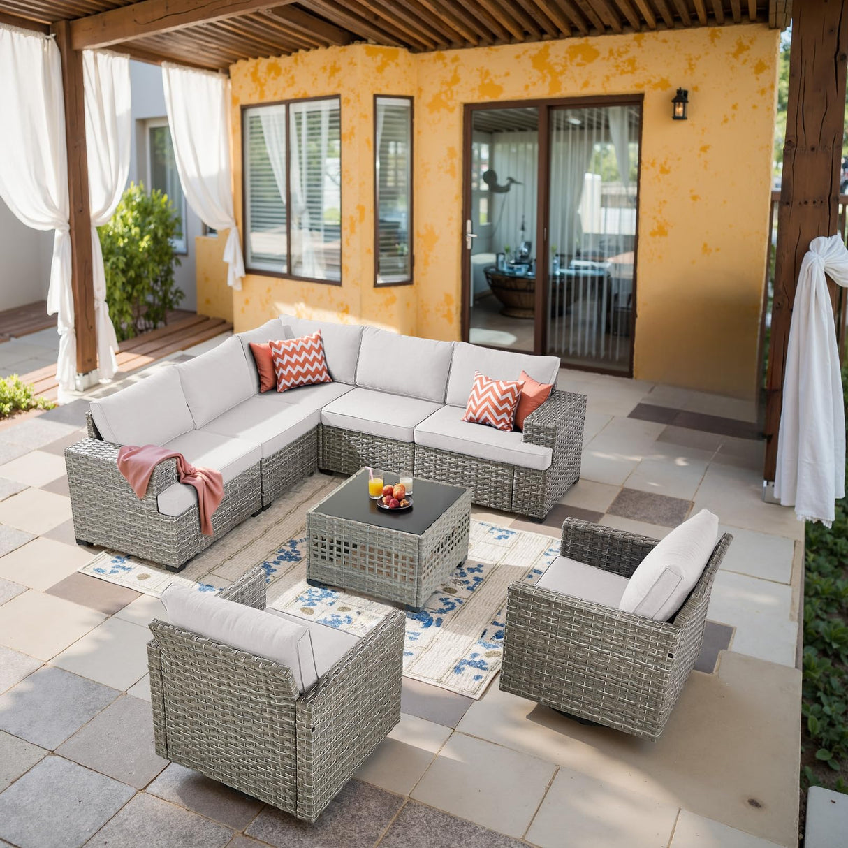 Belord Modular Outdoor Furniture Set - 8 Pieces Patio Conversation Sectional Sofa Set with Swivel Rocker Outdoor Chairs and Glass Coffee Table for Deck Backyard Sunroom Belord