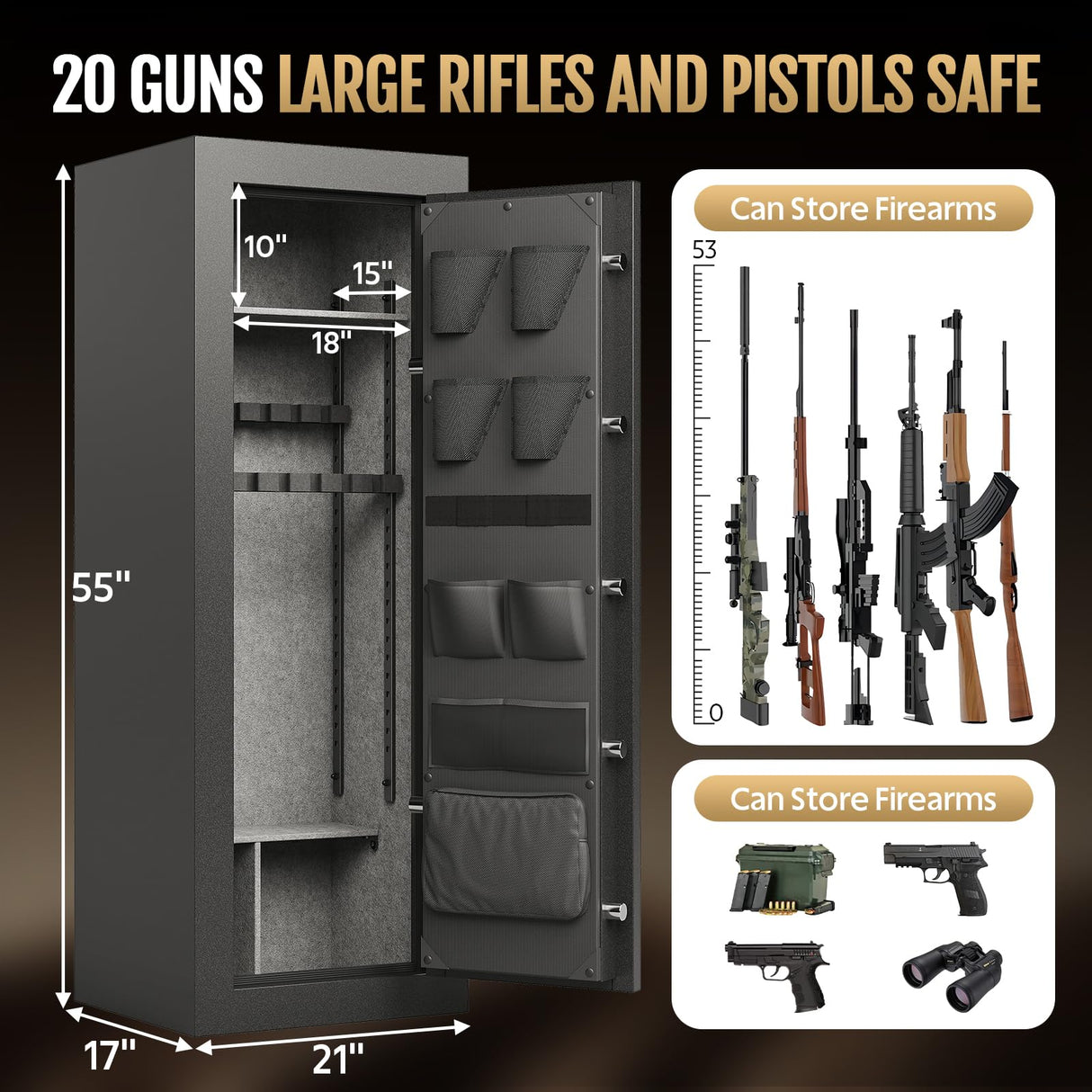 KAER 20 Fireproof Gun Safe - Biometric Gun Safe for Rifles and Pistols Fire Proof Large Rifle Safe Long Gun Cabinet for Shotguns with Digital Keypad, Removable Gun Racks, Pistol Pockets KAER