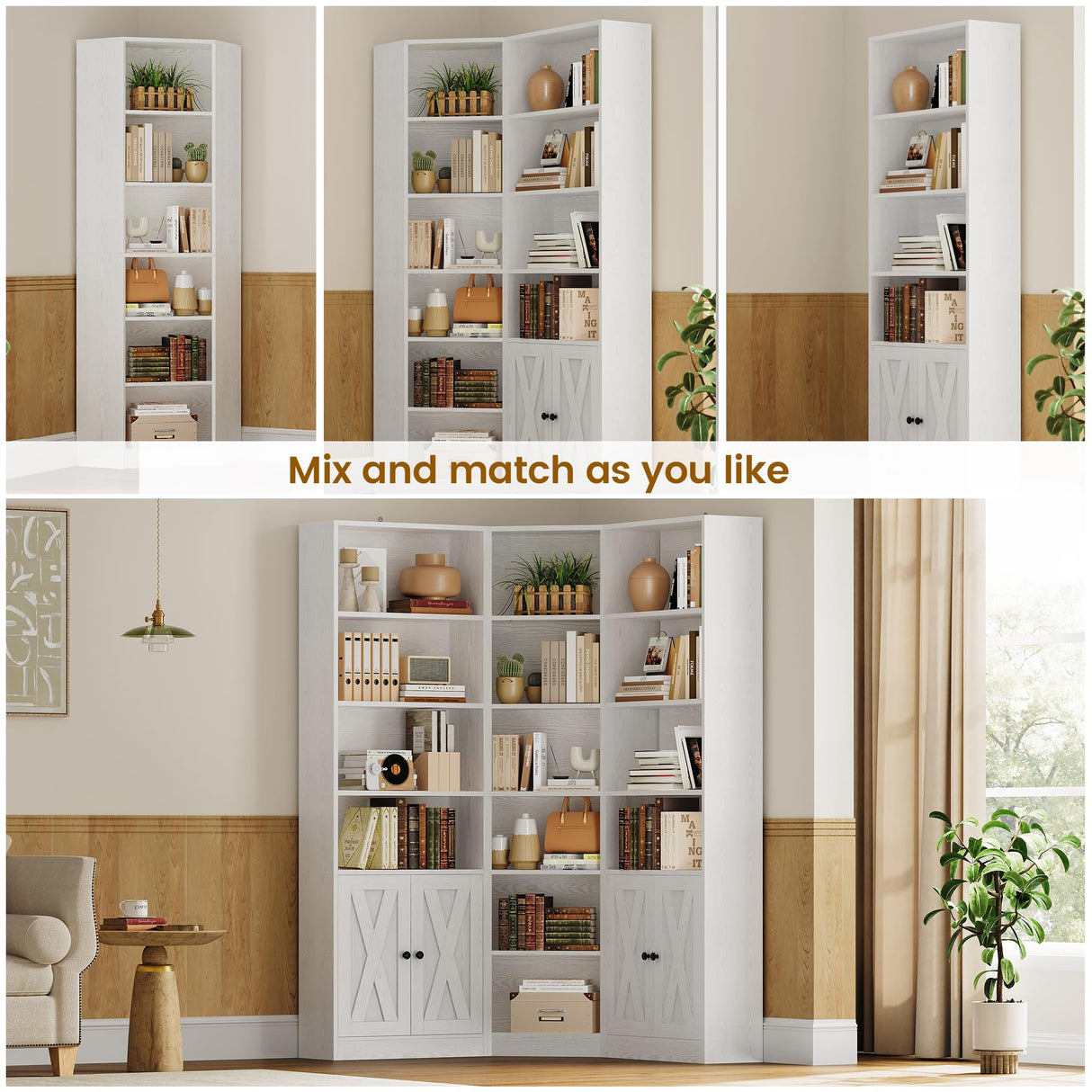 ANCTOR Large Corner Bookcase with 2 Storage Cabinets and 18 Shelves, 7 Tiers L Shaped Wood Bookshelf, 71" Tall Corner Hutch for Living Room, Bedroom, White ANCTOR