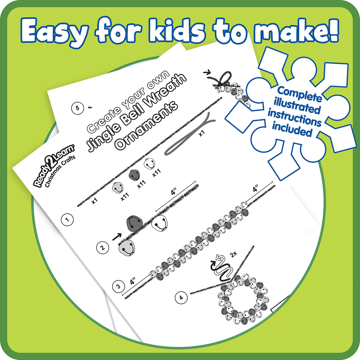READY 2 LEARN Christmas Crafts | Create Your Own Jingle Bell Wreath Ornaments | Set of 4 | DIY Ornaments for Kids | Christmas Tree Decoration | All Materials Included READY 2 LEARN