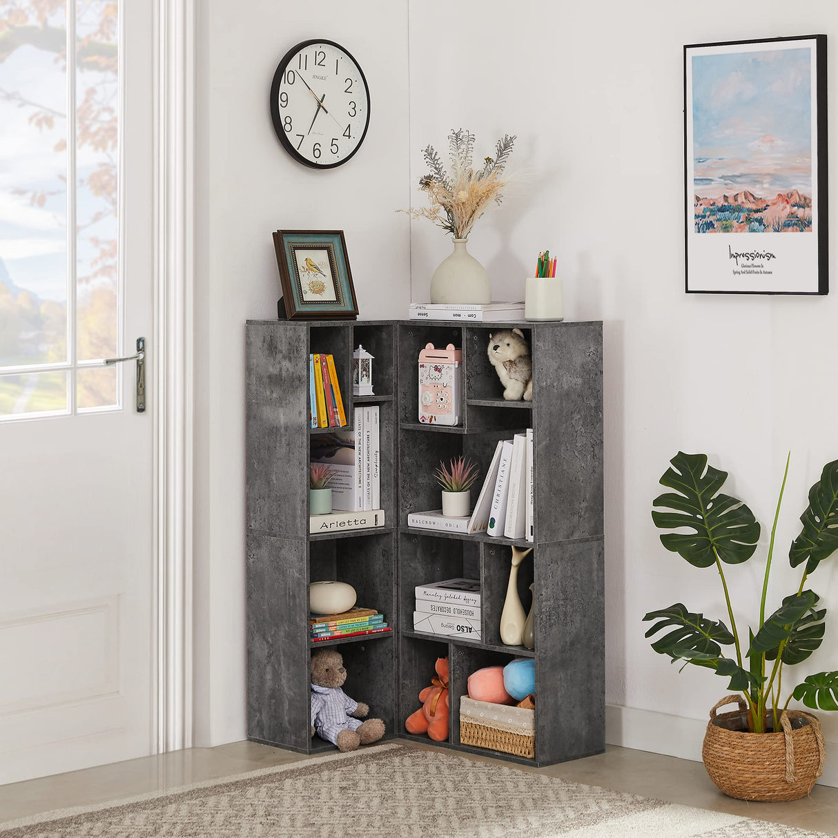 VECELO 4-Tier Bookcase, Modern Storage Cabinet with Height Difference Shelves for Standard Textbooks, 5 Cubes, Vertical or Horizontal, Easy Assembly, Grey VECELO