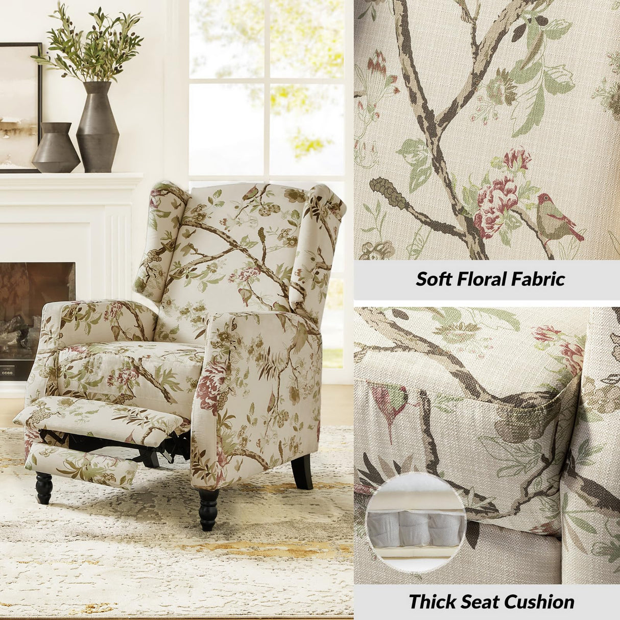 Tina's Home Wingback Recliner Chair, Traditional Push Back Recliner Sofa, Mid Century Modern Lounge Armchair for Living Room, Home Theater Accent Chairs Upholstered Recliners Couches,Bird TINA'S HOME