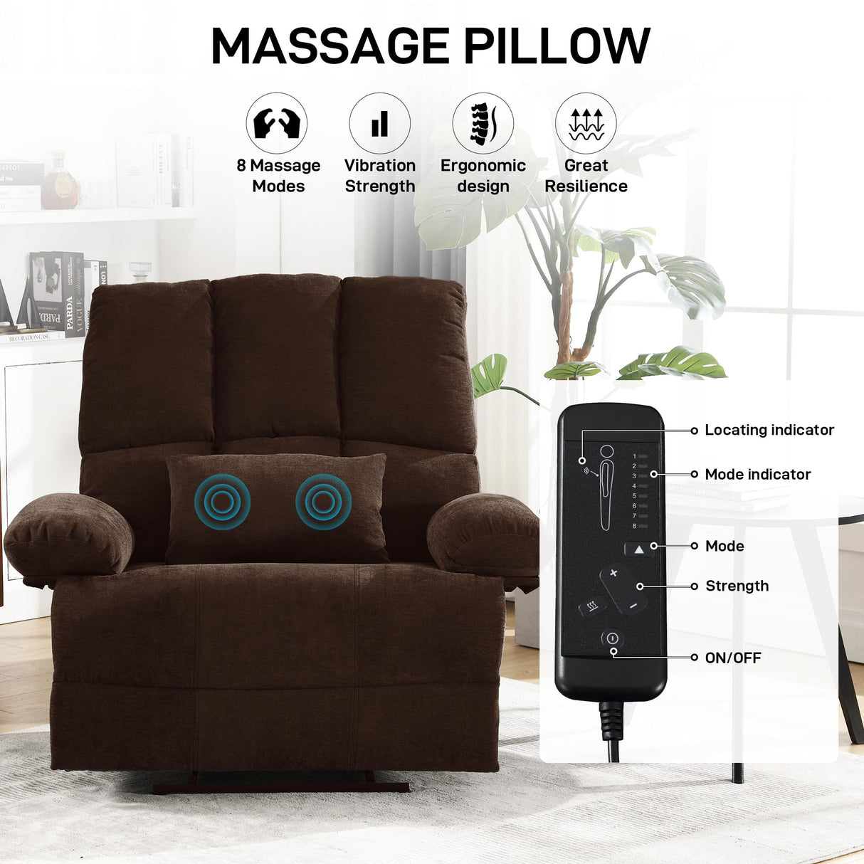 HOMYEDAMIC Oversized Recliner Chair 350 lb Weight Capacity, Plus Size 28 inch Large Wide Seat Manual Comfortable Fabric Recliner for Adults Living Room with Pockets Massage Pillow (6008-Brown5) HOMYEDAMIC