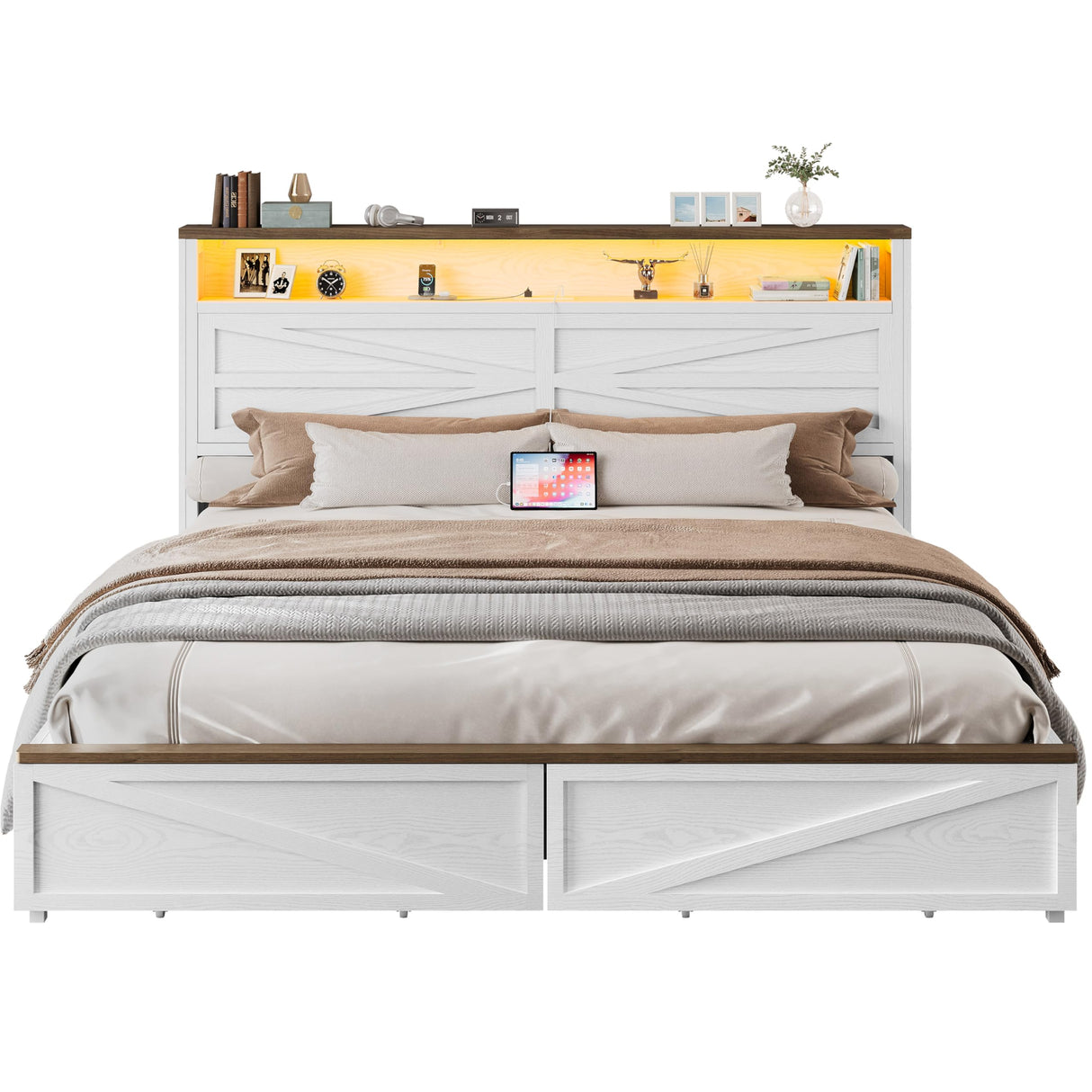 IRONCK Farmhouse King Size Bed Frame with LED Light and Charging Station, Wood Bed Frame with Storage Headboard and 2 Drawers, Barn Door Design, Sturdy and Noiseless, White IRONCK