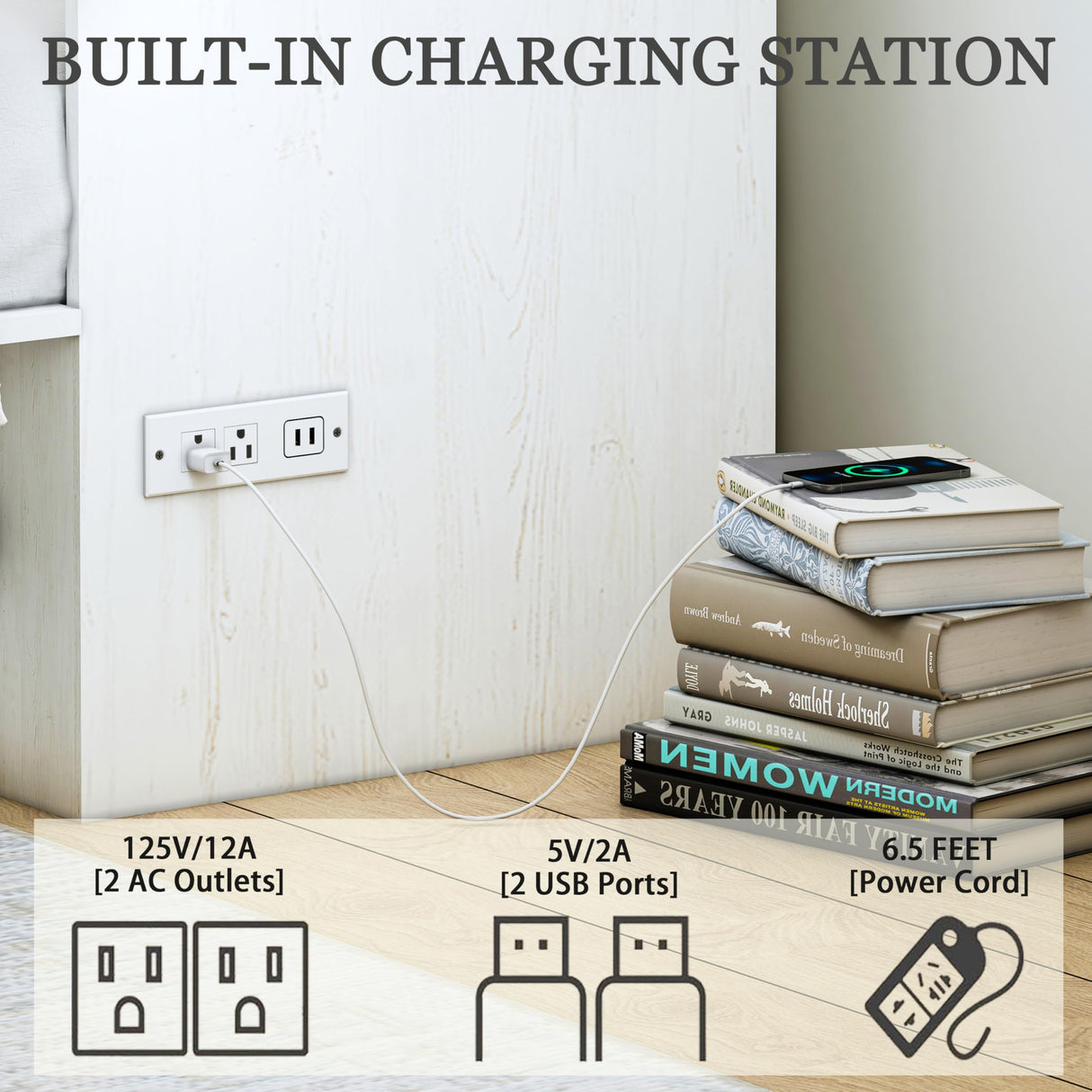 Full Murphy Bed with Storage & Charging Station, Farmhouse Murphy Cabinet Bed with Large Drawer, Hideaway Foldable Platform Bed for for Guest Room, Bedroom, Home Office, Mattress Not Included, White CayugaCrekrd