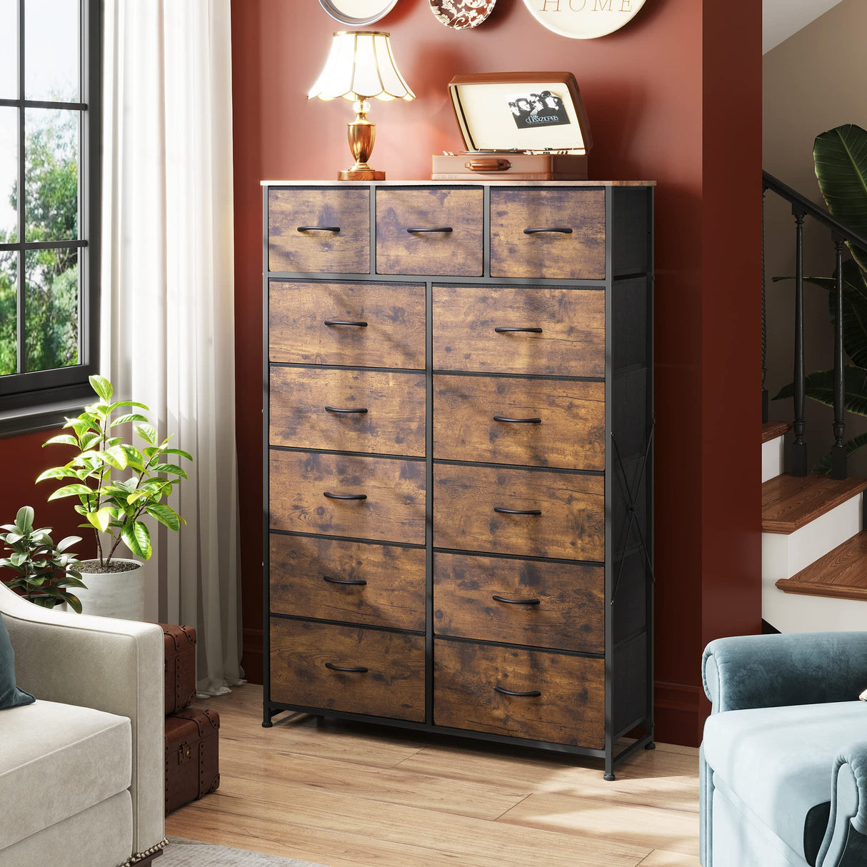 WLIVE Tall Dresser for Bedroom with 13 Drawers, Storage Dresser Organizer Unit, Fabric Dresser for Bedroom, Closet, Chest of Drawers, Steel Frame, Wood Top, Rustic Brown Wood Grain Print WLIVE