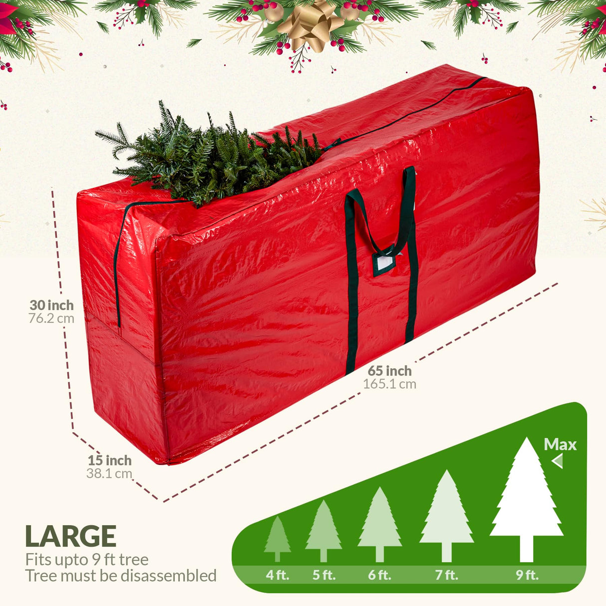 (Not Made In China) Christmas Tree Storage Bag For 9 Foot Artificial Xmas Holiday Tree, Durable Waterproof Material, Zippered Bag, Carry Handles. Protects Against Dust, Insects and Moisture Carrywell