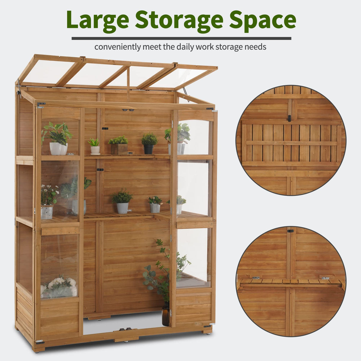 MCombo Wooden Greenhouse, Walk-in Outdoor Greenhouse with Openable Roof and Lockable Door, 0899 (Natural) MCombo