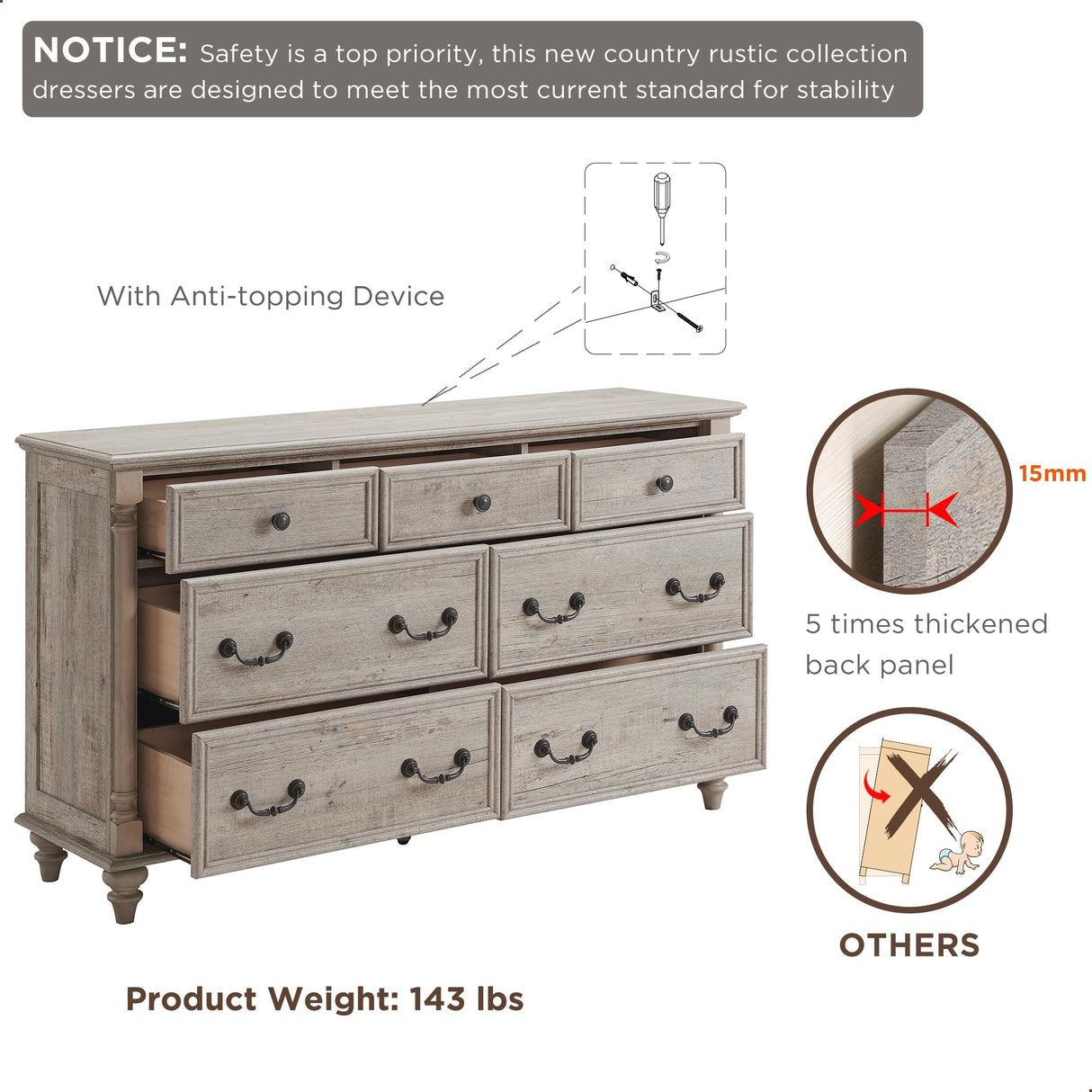 T4TREAM Farmhouse 7 Drawers Dresser Chests for Bedroom w/ 4 Solid Wood Feet & Column Decor, Tall Wide Wood Country Rustic Chest of Drawers, Storage Dressers for Bedroom, Living Room, Light Rustic Oak T4TREAM