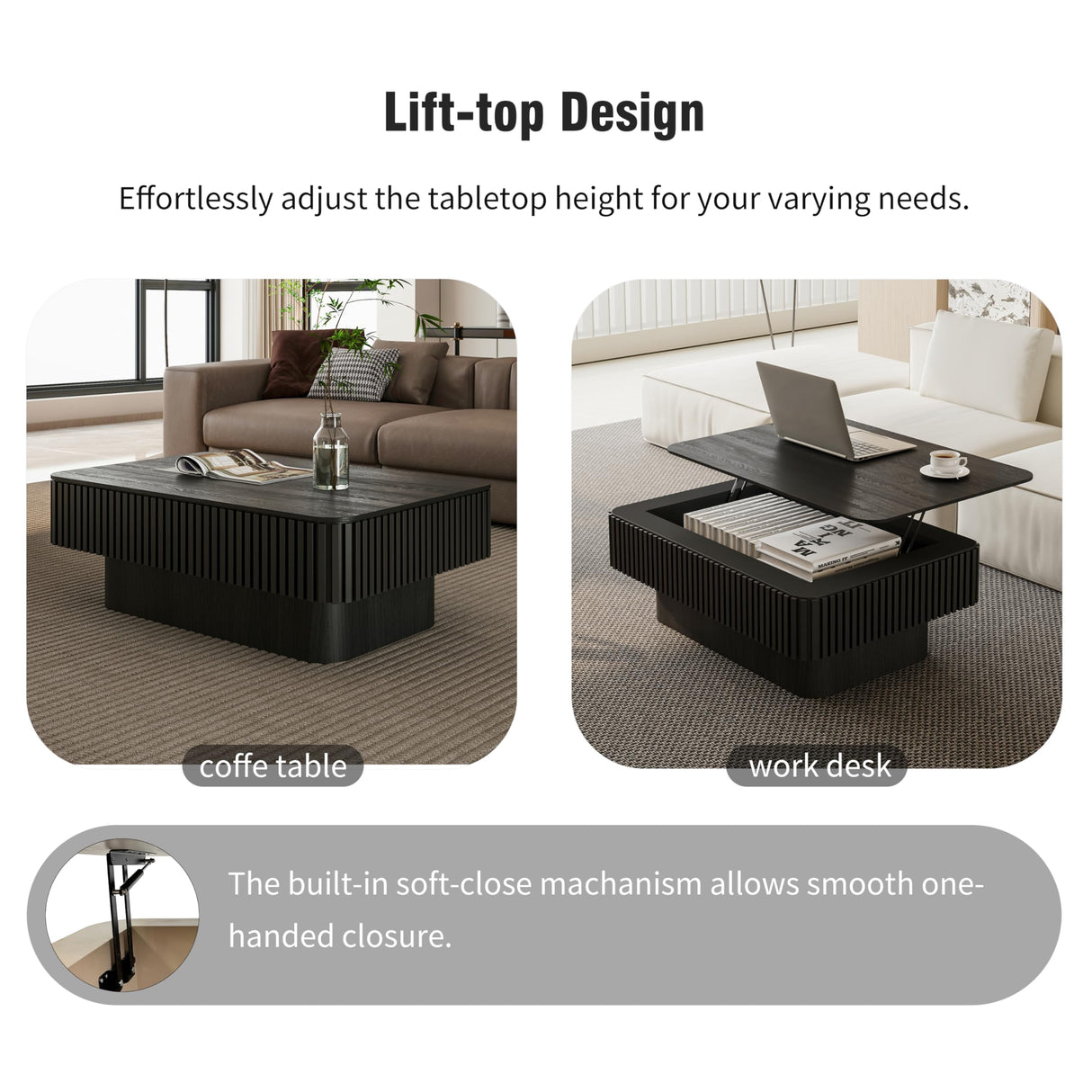 MELAABUU 38.6'' Lift Top Coffee Table with Hidden Compartment, Modern Rectangular Fluted Wooden Center Table Cocktail Tea Table with Storage and Adjustable Height for Living Room Apartment, Black MELAABUU