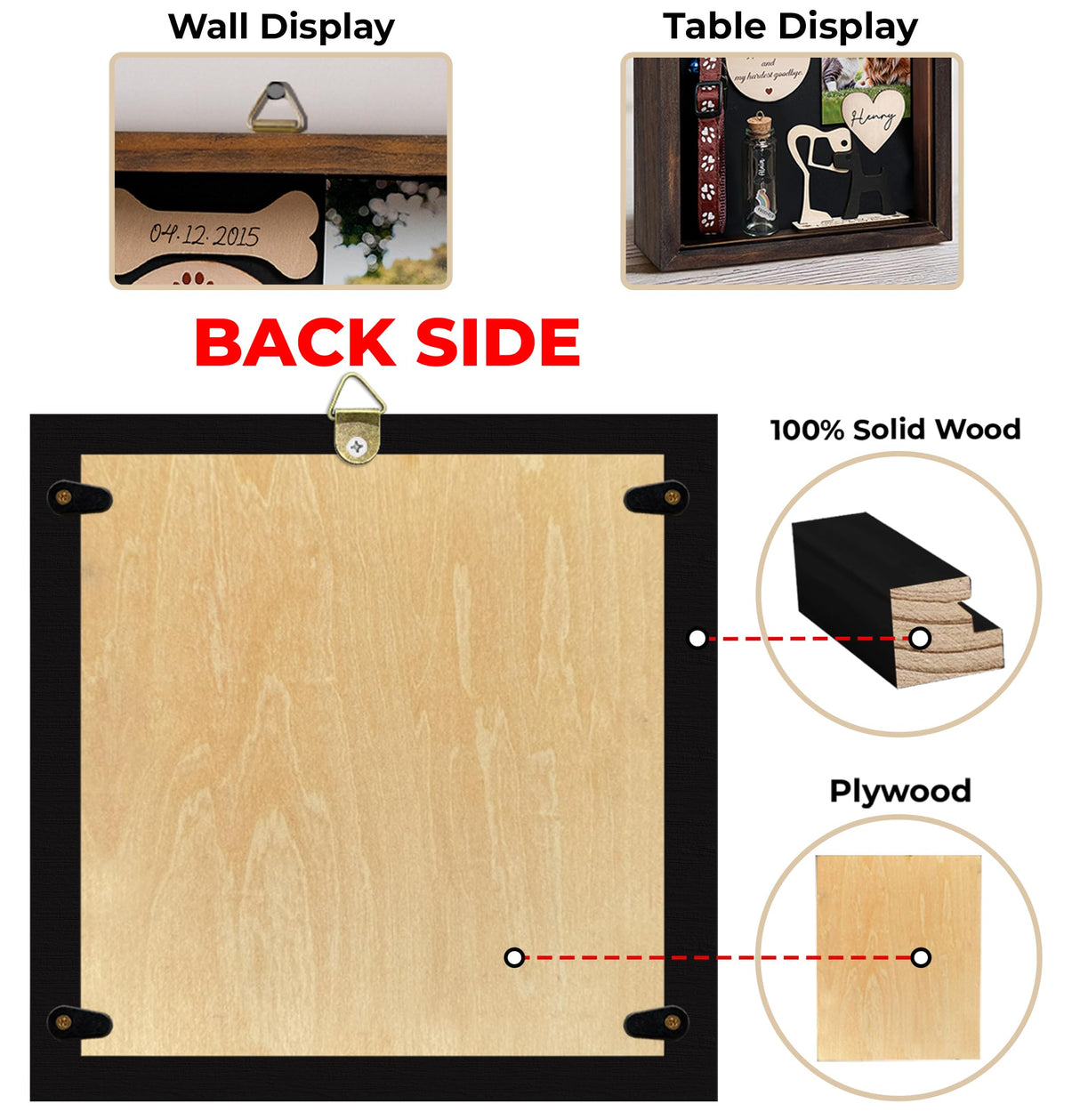 vinatimes 8.6'' Pet Memorial Gift Shadow Box Black Collar Holder Picture Frame Pet Paw Ink Kit Dog Wooden Sculpture Bottle Rainbow Pet Hair Keepsake Gift Loss of Dog Cat Tabletop Wall Hanging PSD-4B vinatimes