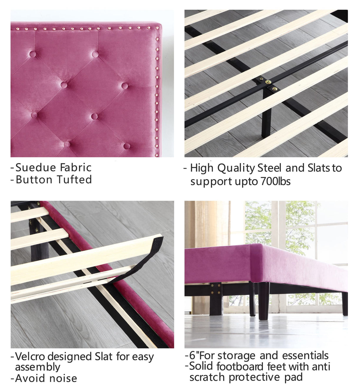 King Upholstered Platform Bed Frame with 48" Tall Adjustable Headboard - Button Tufted Suede Velour Bed- Wood Slat Support with Storage Space - No Box Spring Needed - Pink - OLIVER & SMITH - Princeton OLIVER & SMITH SINCE 1921