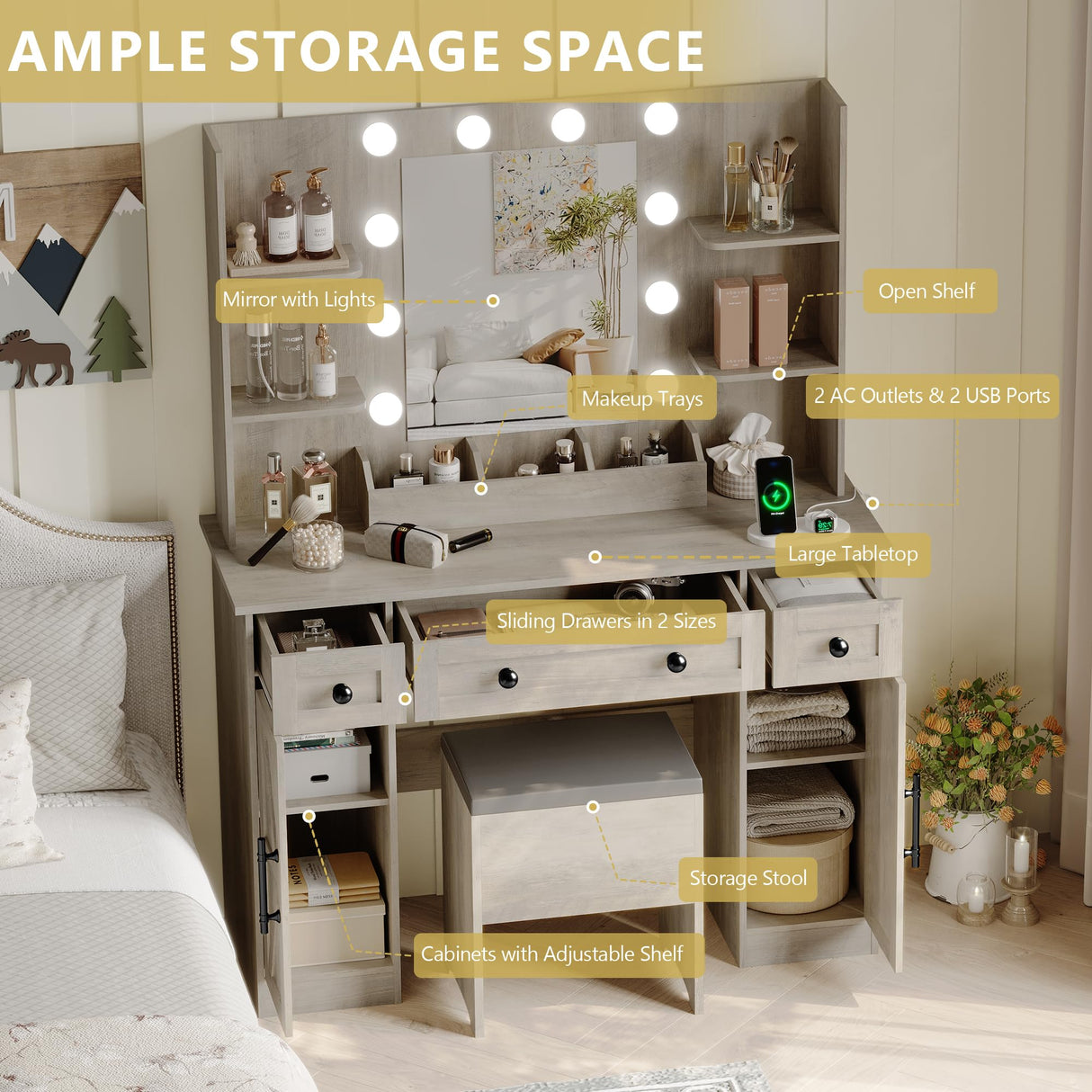 Vanity Makeup Desk with Mirror and Lights, Farmhouse Vanity Table Set with Storage Drawers, Charging Station & Chair, 43" Large Rustic Dressing Table, 3 Lighting Modes for Women Girls Bedroom, Grey Xixini