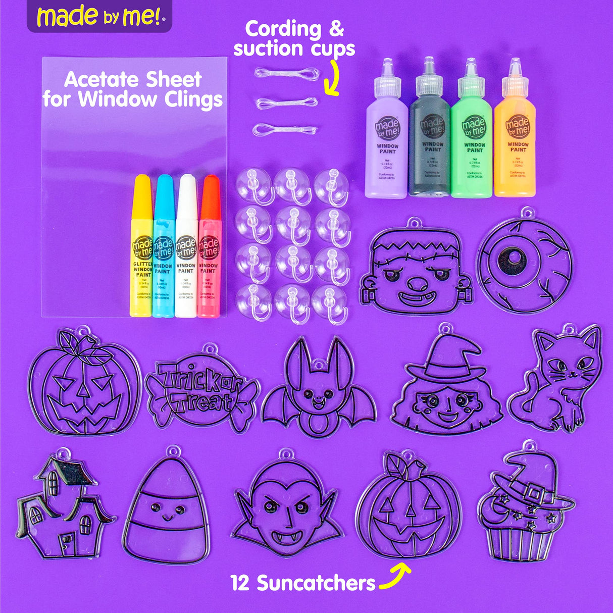 Made By Me Create Your Own Halloween Window Art by Horizon Group USA, Make 20 Projects, Includes Suncatcher Frames & Window Clings, Glow-in-The-Dark Paint, Paint Tubes, Suction Cups & Cording,Multi Made By Me