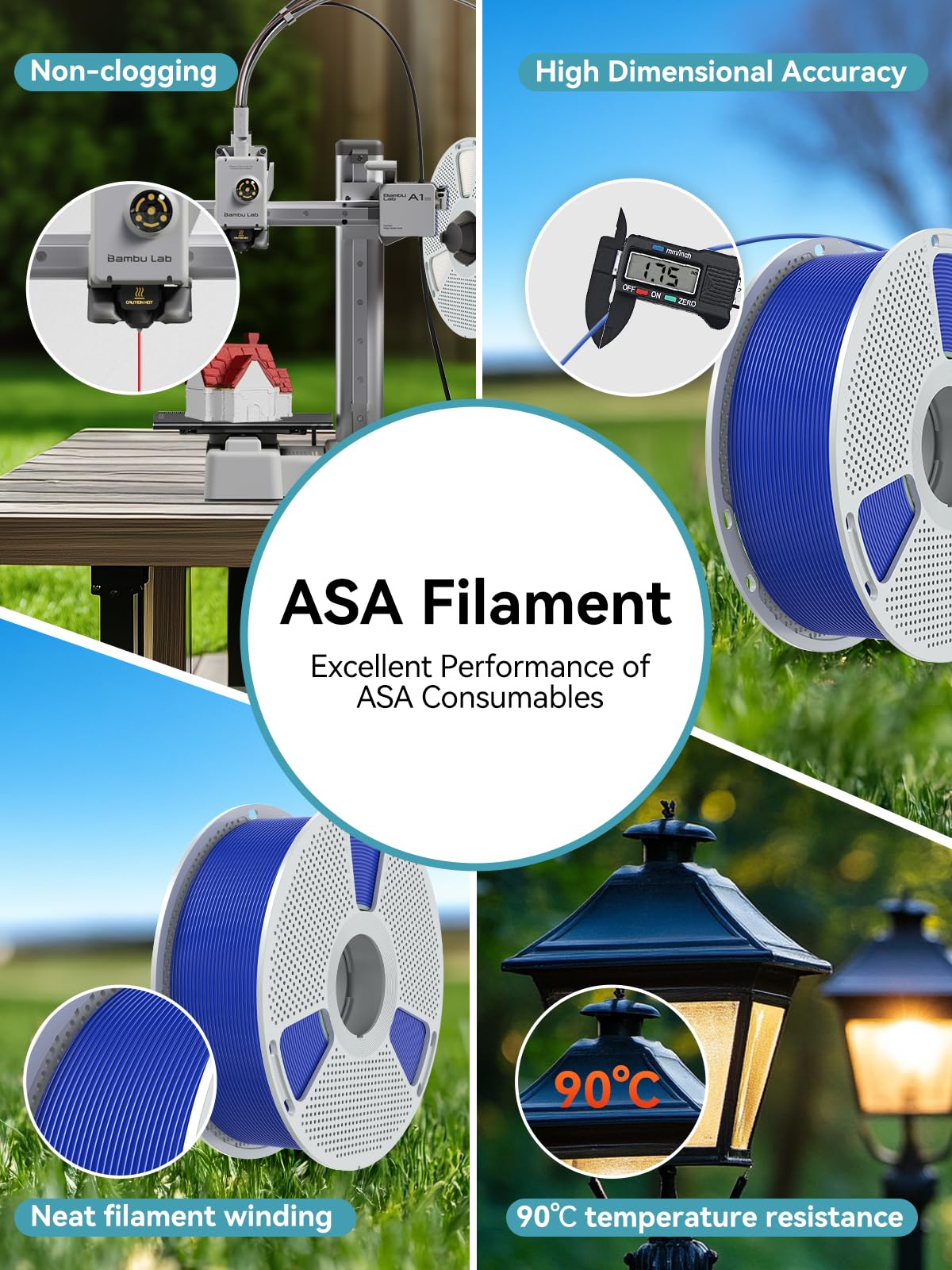 SUNLU 8 Packs ASA Filament 1.75mm, UV/Rain/Heat Resistant 3D Printer Filament, Great 3D Filament for Outdoor, 2kg in Total, 0.25kg per Spool, 8 Colors, Black+Natural+Grey+Blue+Green+Red+Orange+Purple SUNLU